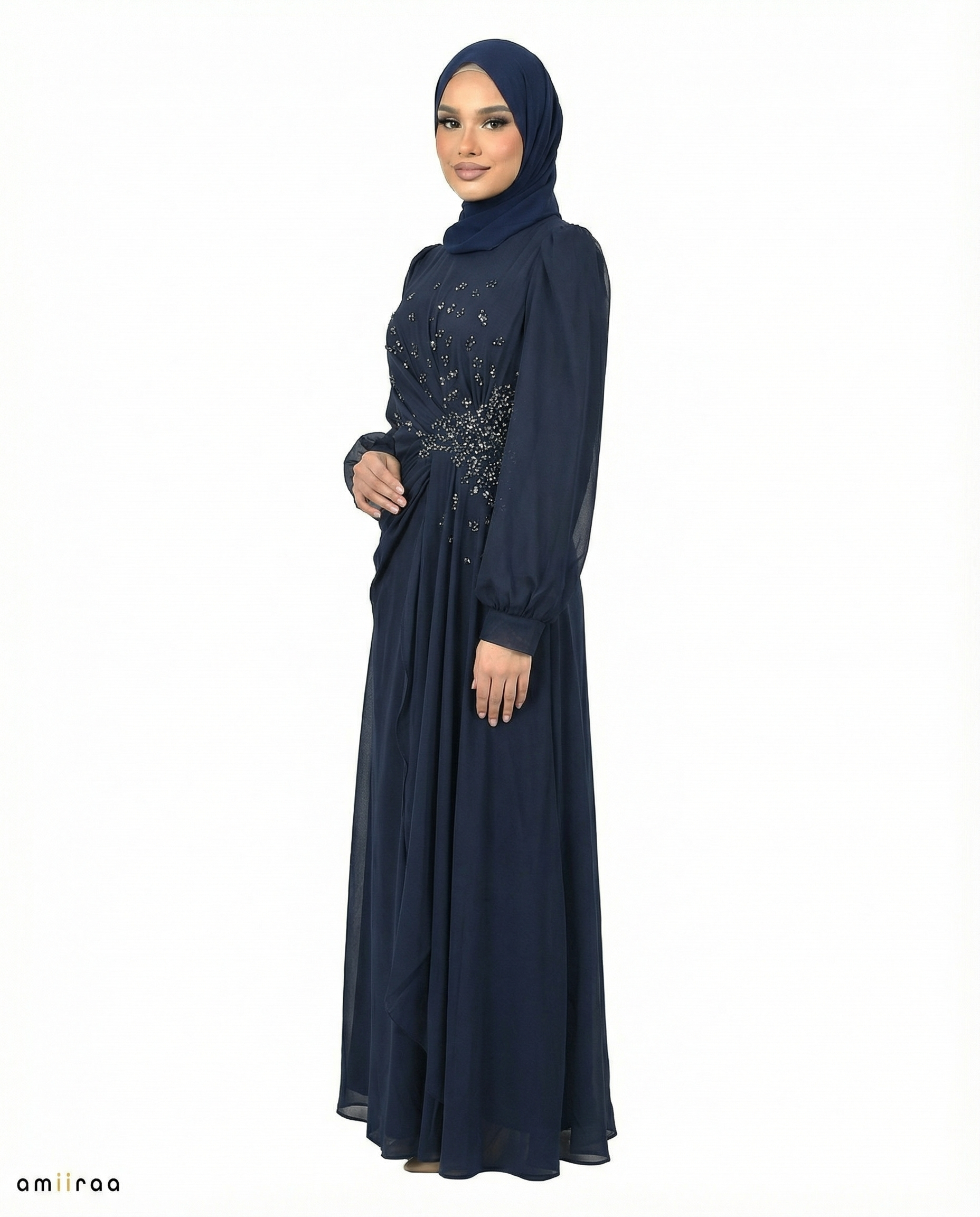 Chiffon Diamante Maxi Dress with Side Twist Detail - Black Iris