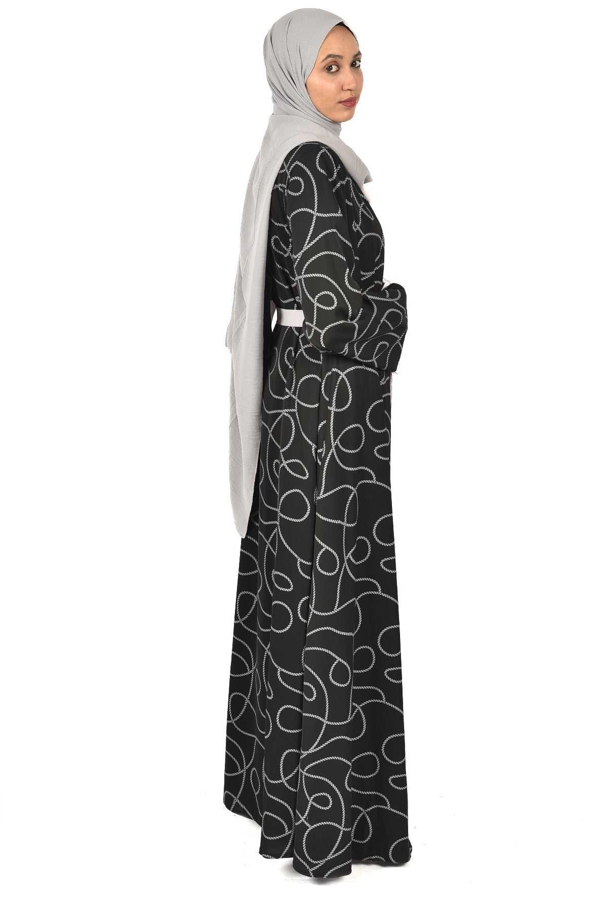 Black Abaya with Modern Silver Patterns & Waist Tie – Stylish Open Design ( katalia )