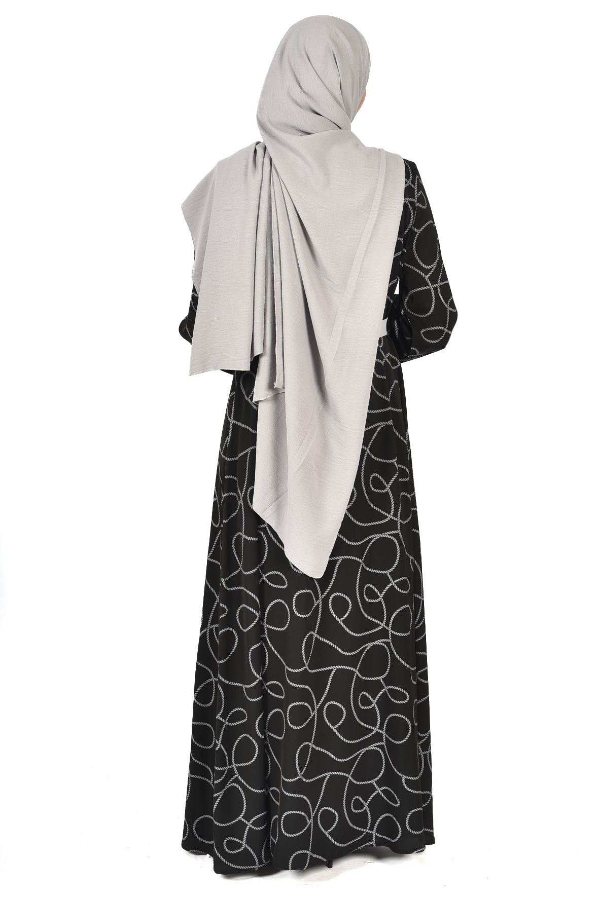 Black Abaya with Modern Silver Patterns & Waist Tie – Stylish Open Design ( katalia )