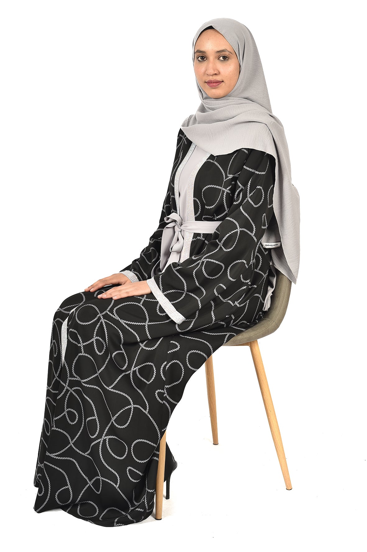 Black Abaya with Modern Silver Patterns & Waist Tie – Stylish Open Design ( katalia )