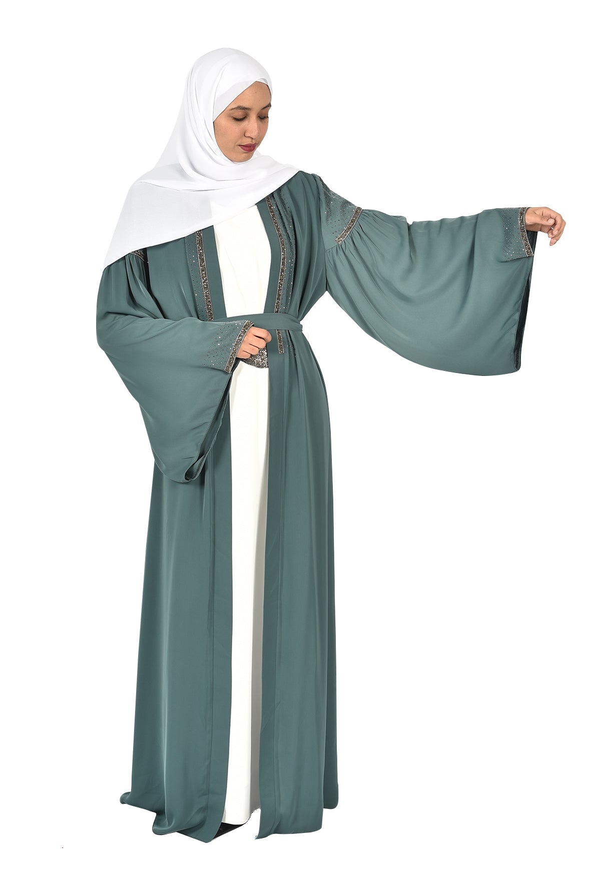 Elegant Green Open Abaya with Gold Embroidery and Waist Belt (katalia )