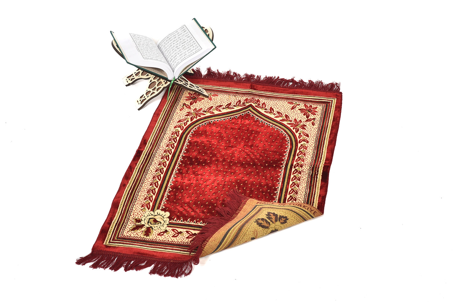 Luxury Prayer Rug – Elegant Floral Design in Deep Red with Gold Accents ( musallahs )