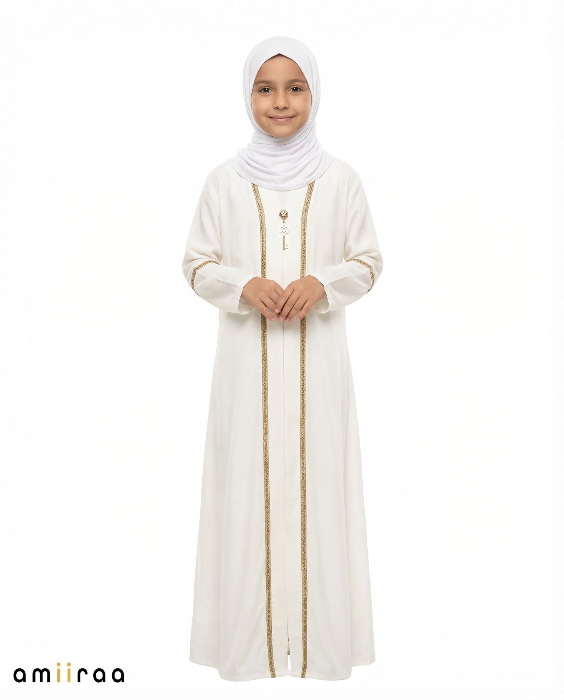 Bit of Blue Girls Elegant Open Abaya with Gold Trim Detailing