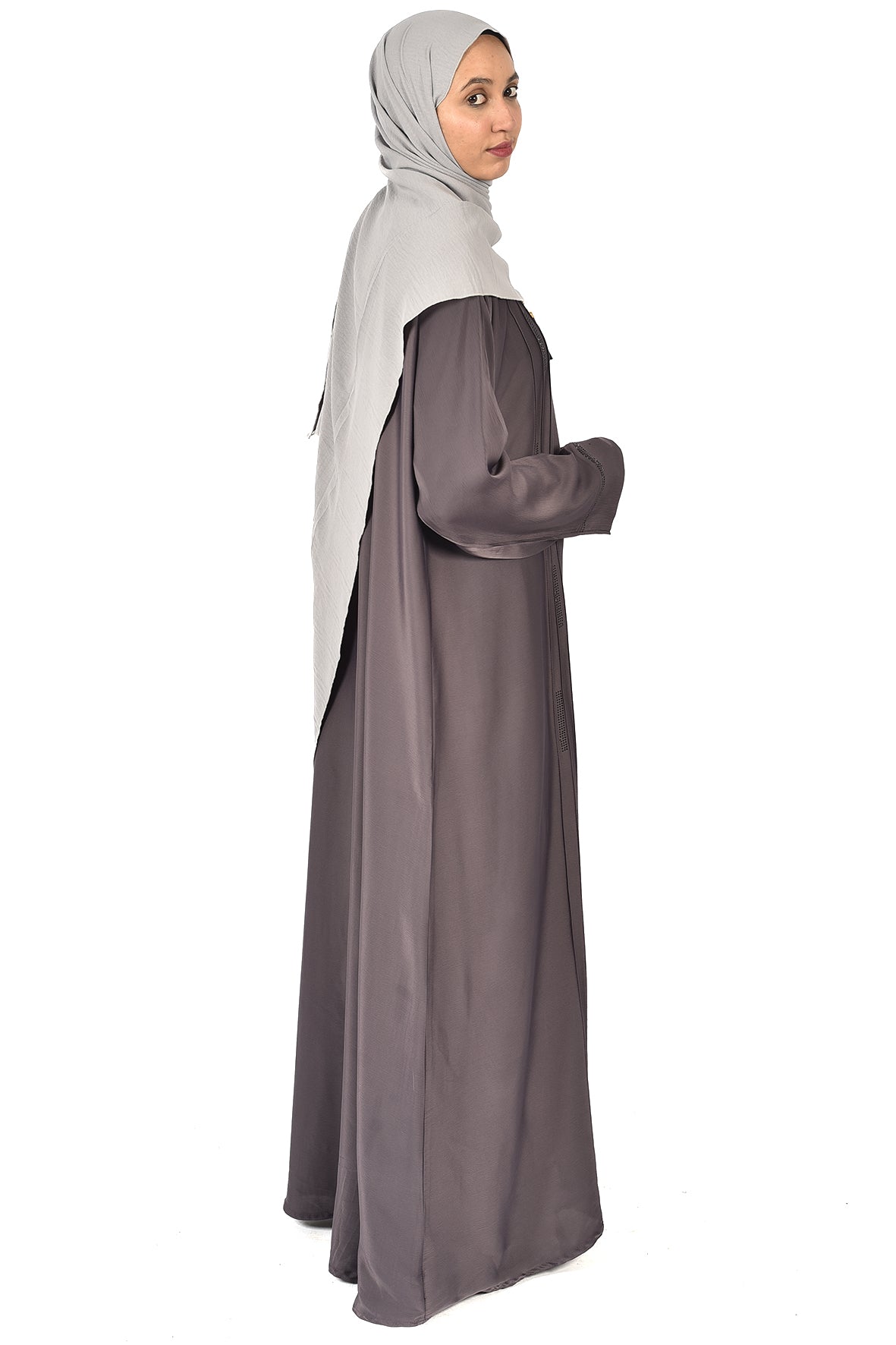 Grey Abaya with Subtle Details & Front Zipper – Elegant Everyday Look ( ladies abaya )