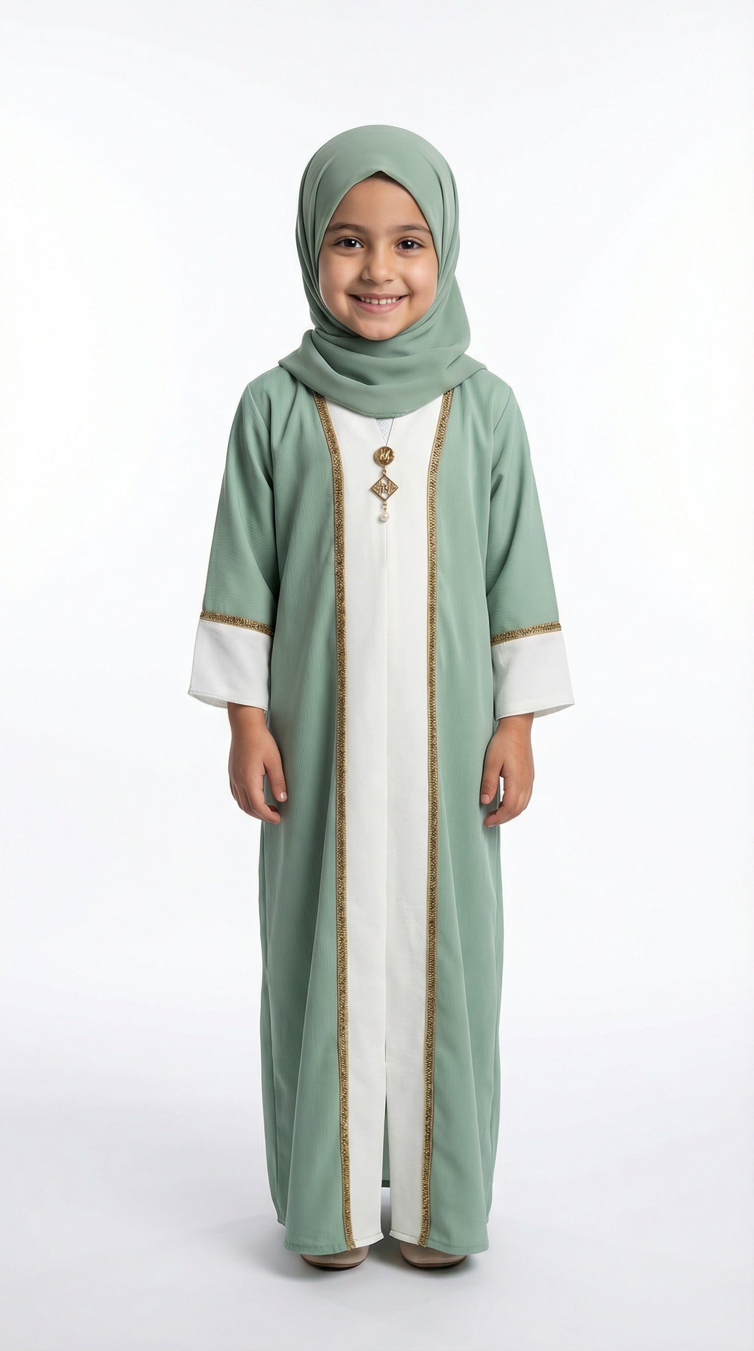 Bery Green Elegant Open Abaya with Gold Trim Detailing