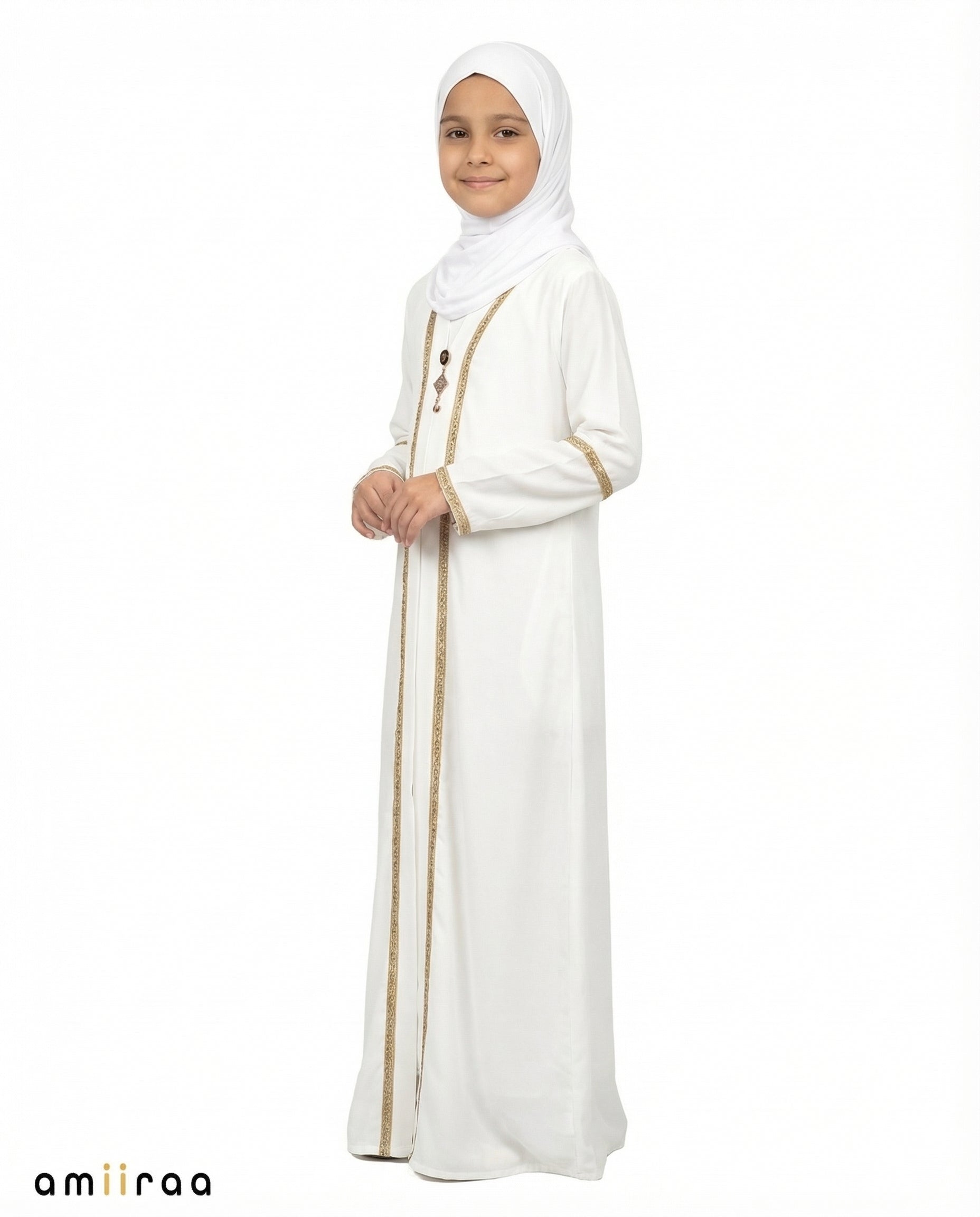 Bit of Blue Girls Elegant Open Abaya with Gold Trim Detailing