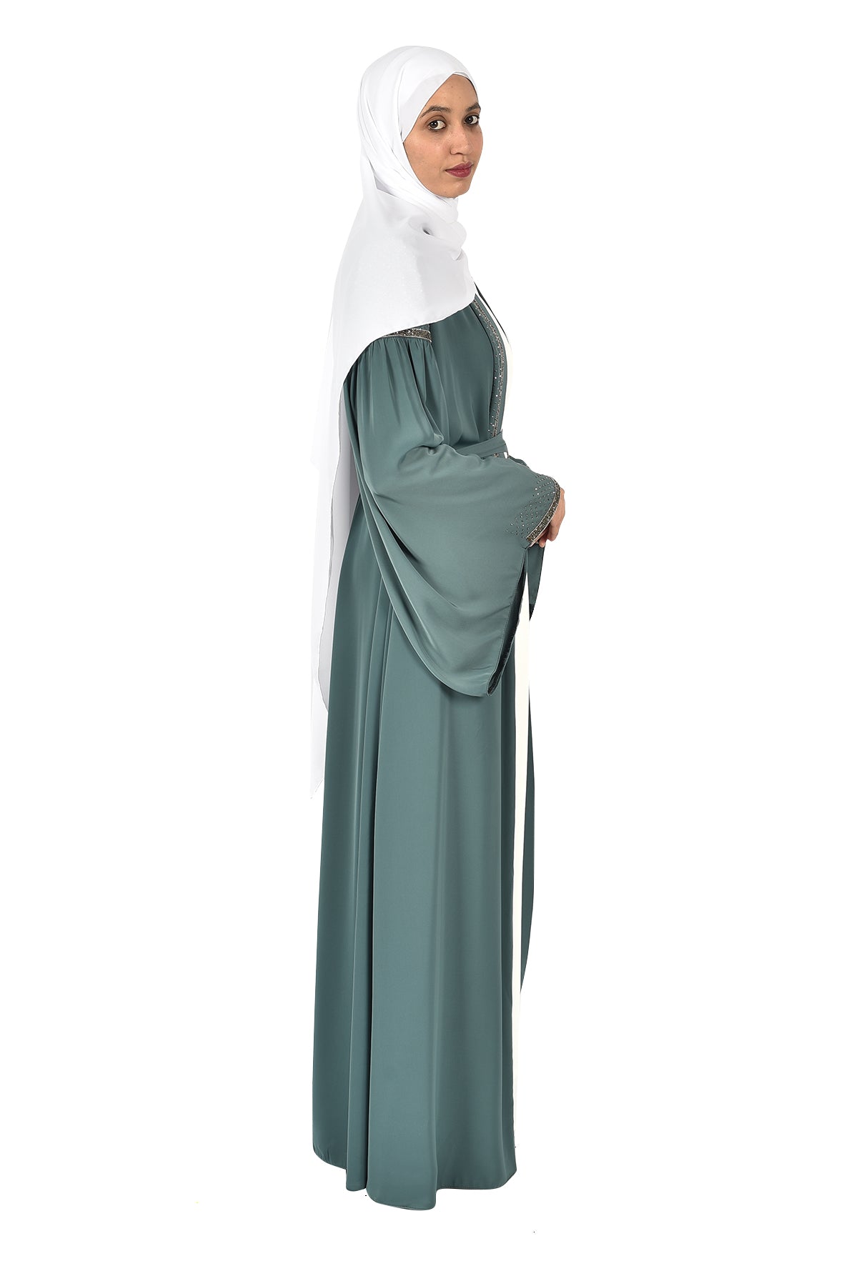 Elegant Green Open Abaya with Gold Embroidery and Waist Belt (katalia )