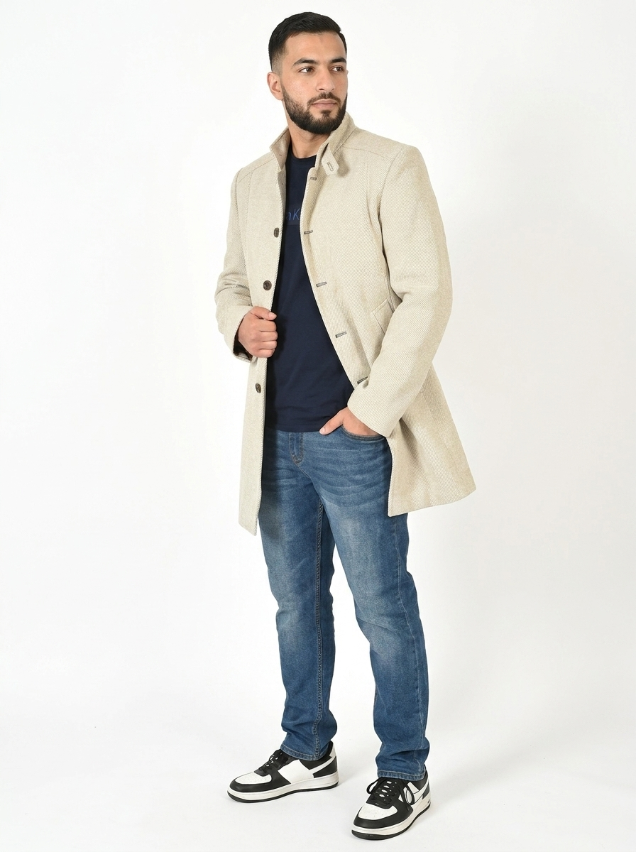 Simply Taupe Men’s Premium Turkish High Collar Overcoat