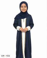 Black Iris Girls Elegant Open Abaya with Gold Trim Detailing