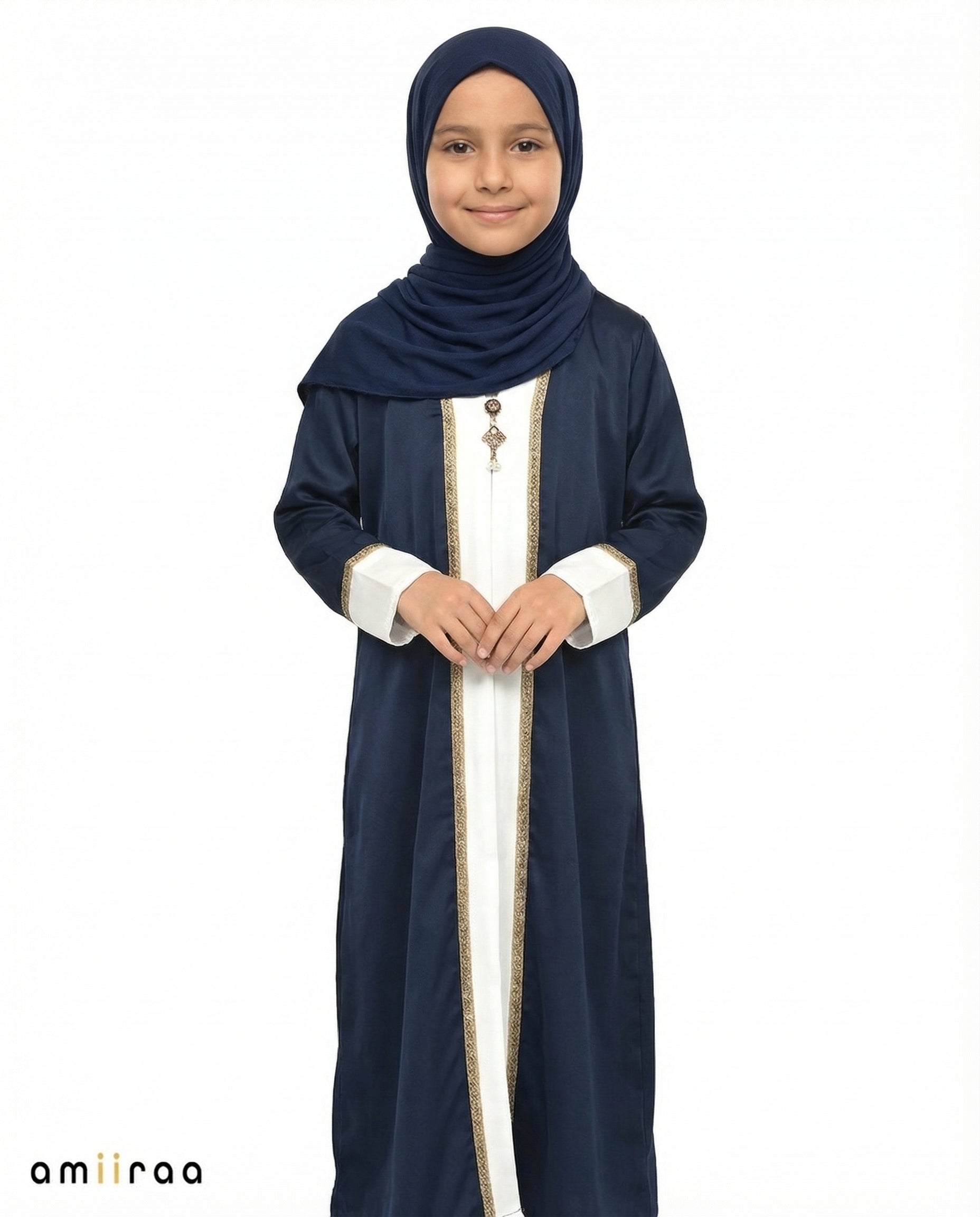 Black Iris Girls Elegant Open Abaya with Gold Trim Detailing