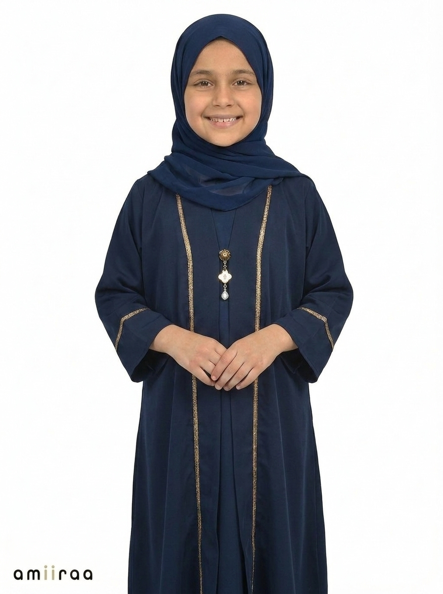Dress Blue Saudi Abaya with Gold Trim Detailing