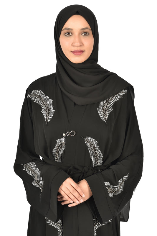 Black Abaya with Shiny Feather Embroidery – Elegant Touch for Special Occasions ( katalia )