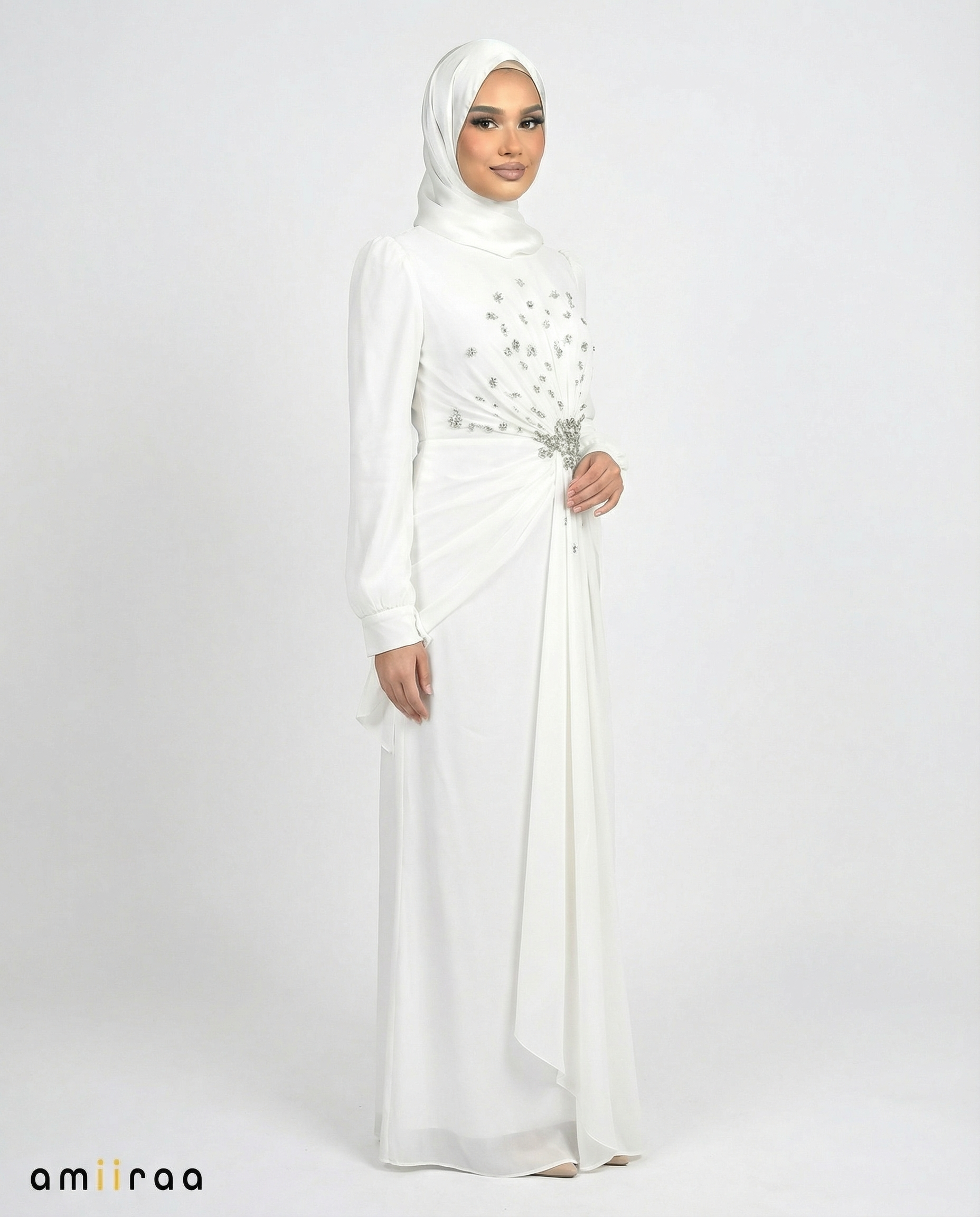 Chiffon Diamante Maxi Dress with Side Twist Detail - Diaphonous