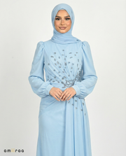 Chiffon Diamante Maxi Dress with Side Twist Detail - Blue Surf