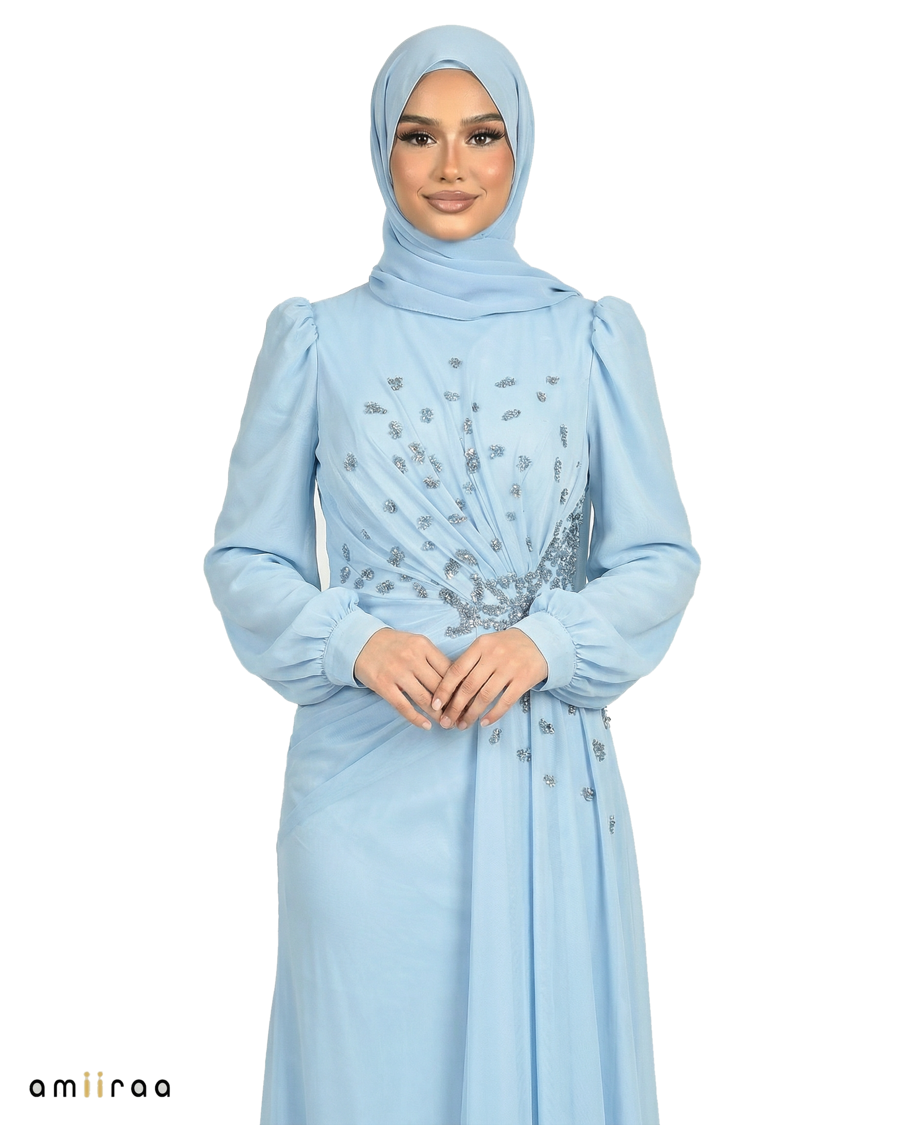 Chiffon Diamante Maxi Dress with Side Twist Detail - Blue Surf