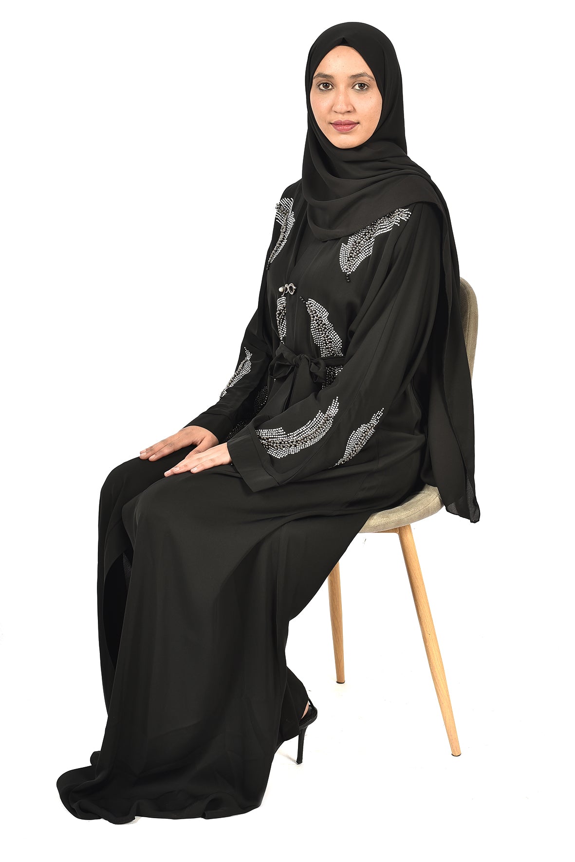 Black Abaya with Shiny Feather Embroidery – Elegant Touch for Special Occasions ( katalia )