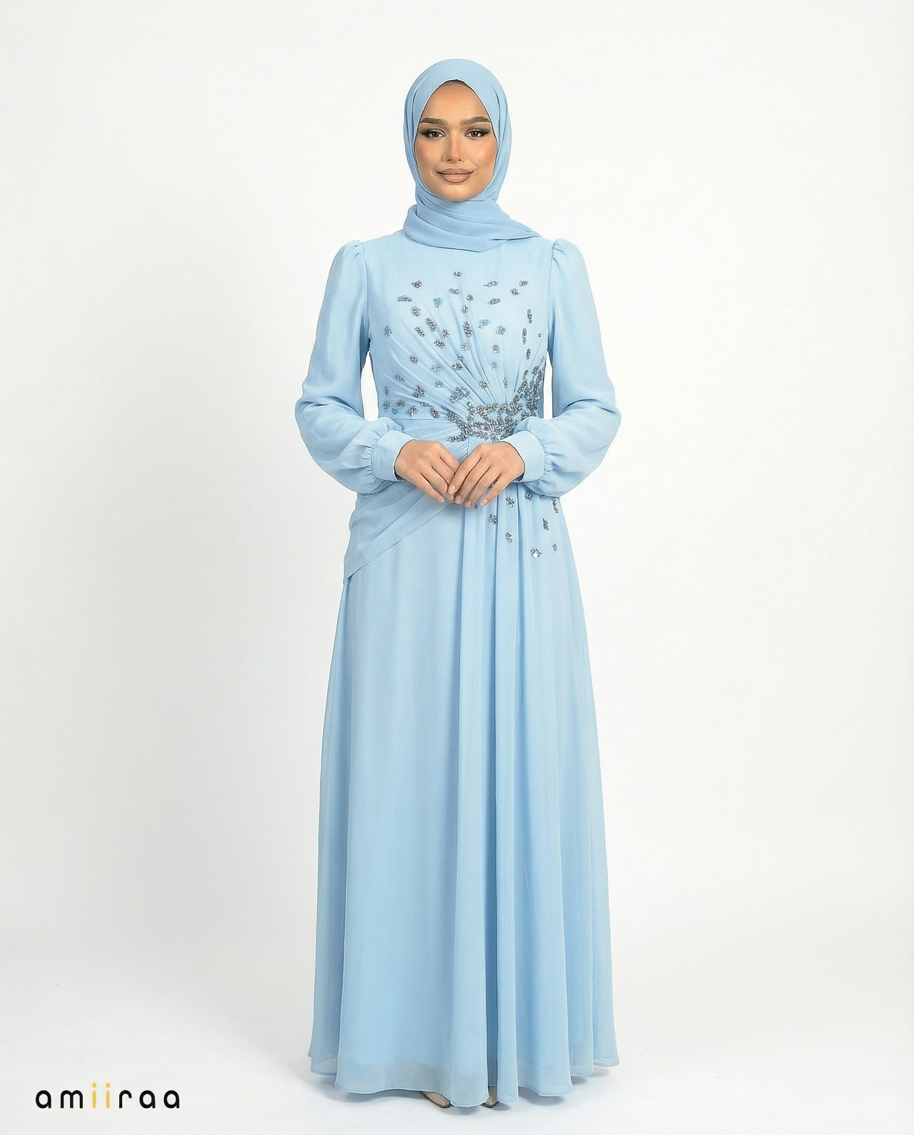 Chiffon Diamante Maxi Dress with Side Twist Detail - Blue Surf