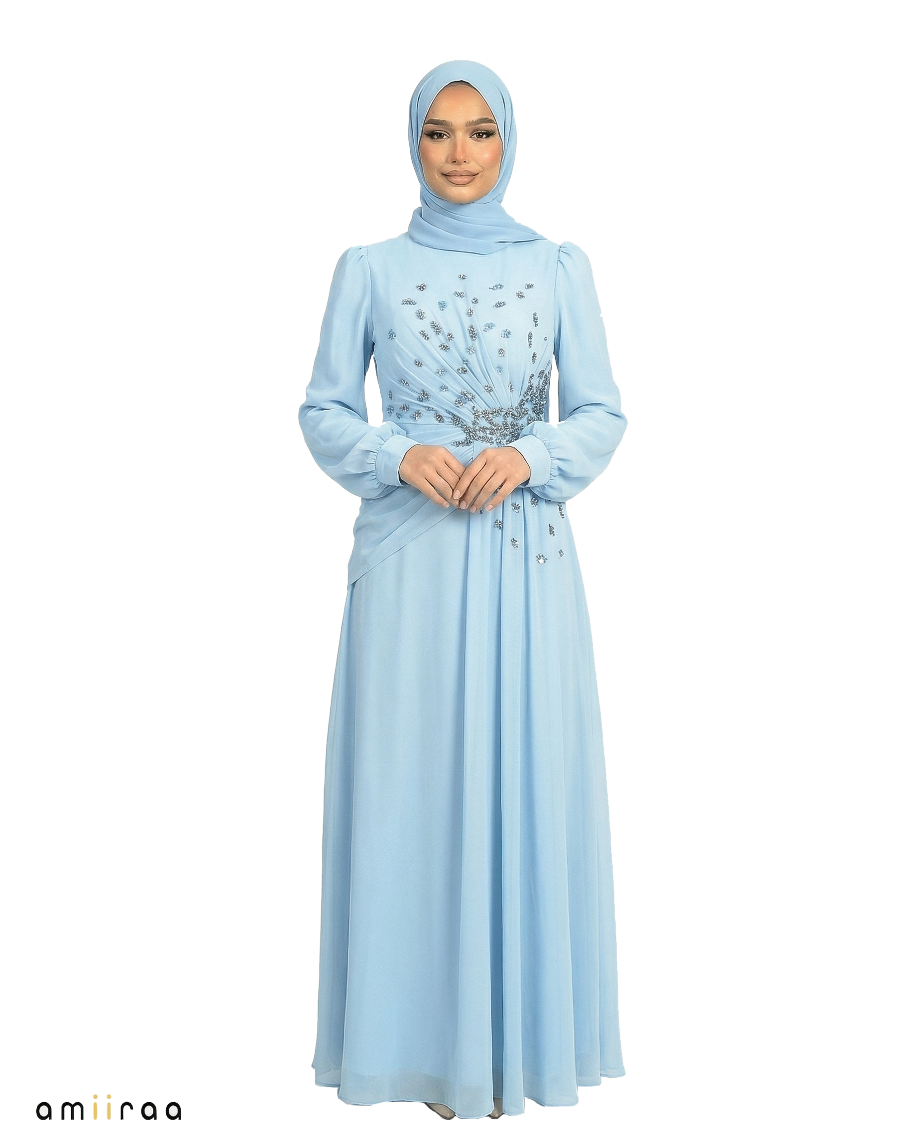 Chiffon Diamante Maxi Dress with Side Twist Detail - Blue Surf