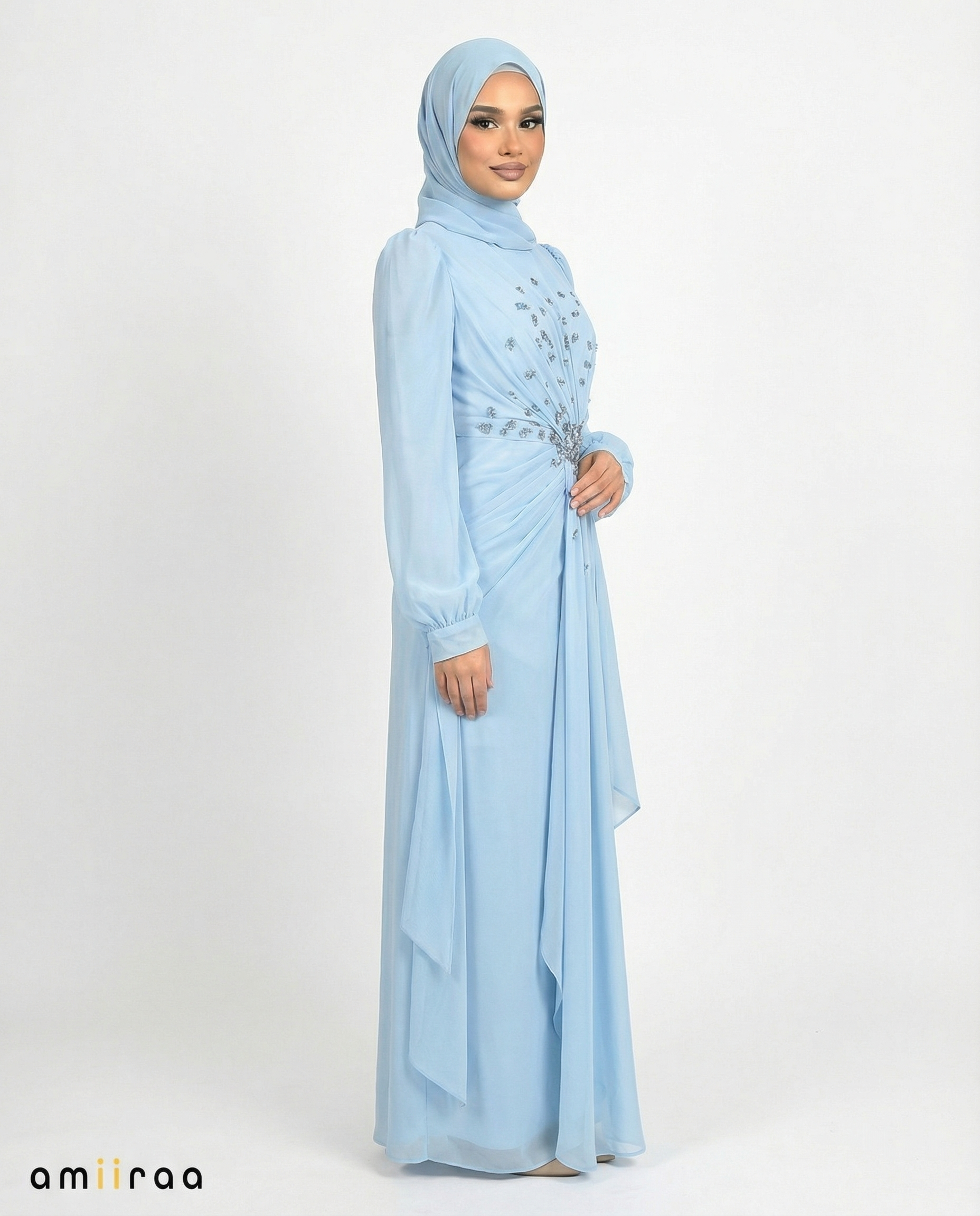 Chiffon Diamante Maxi Dress with Side Twist Detail - Blue Surf