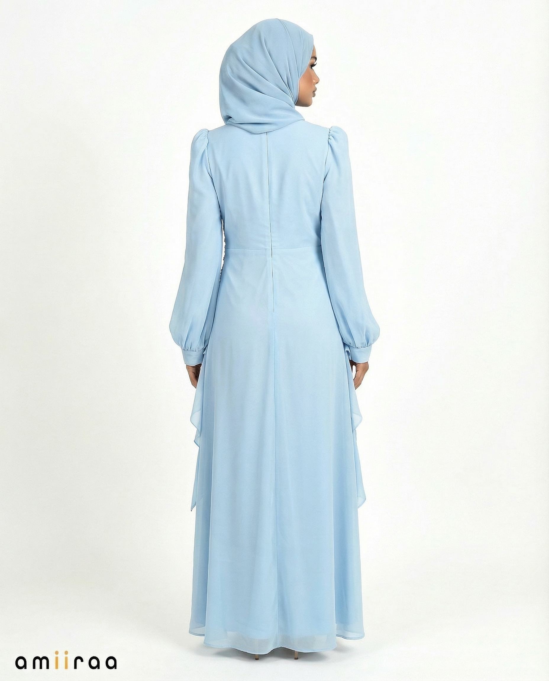 Chiffon Diamante Maxi Dress with Side Twist Detail - Blue Surf