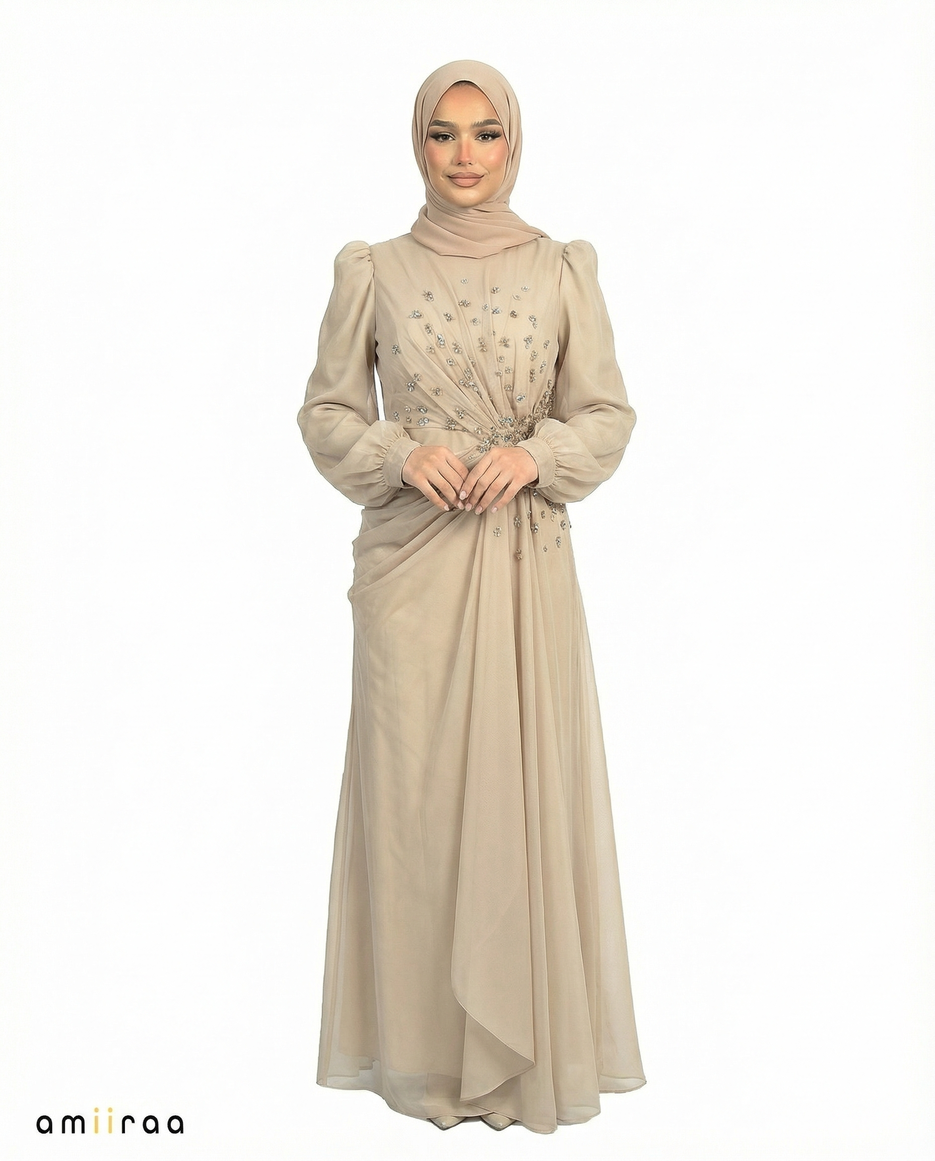 Chiffon Diamante Maxi Dress with Side Twist Detail - Sheep Skin