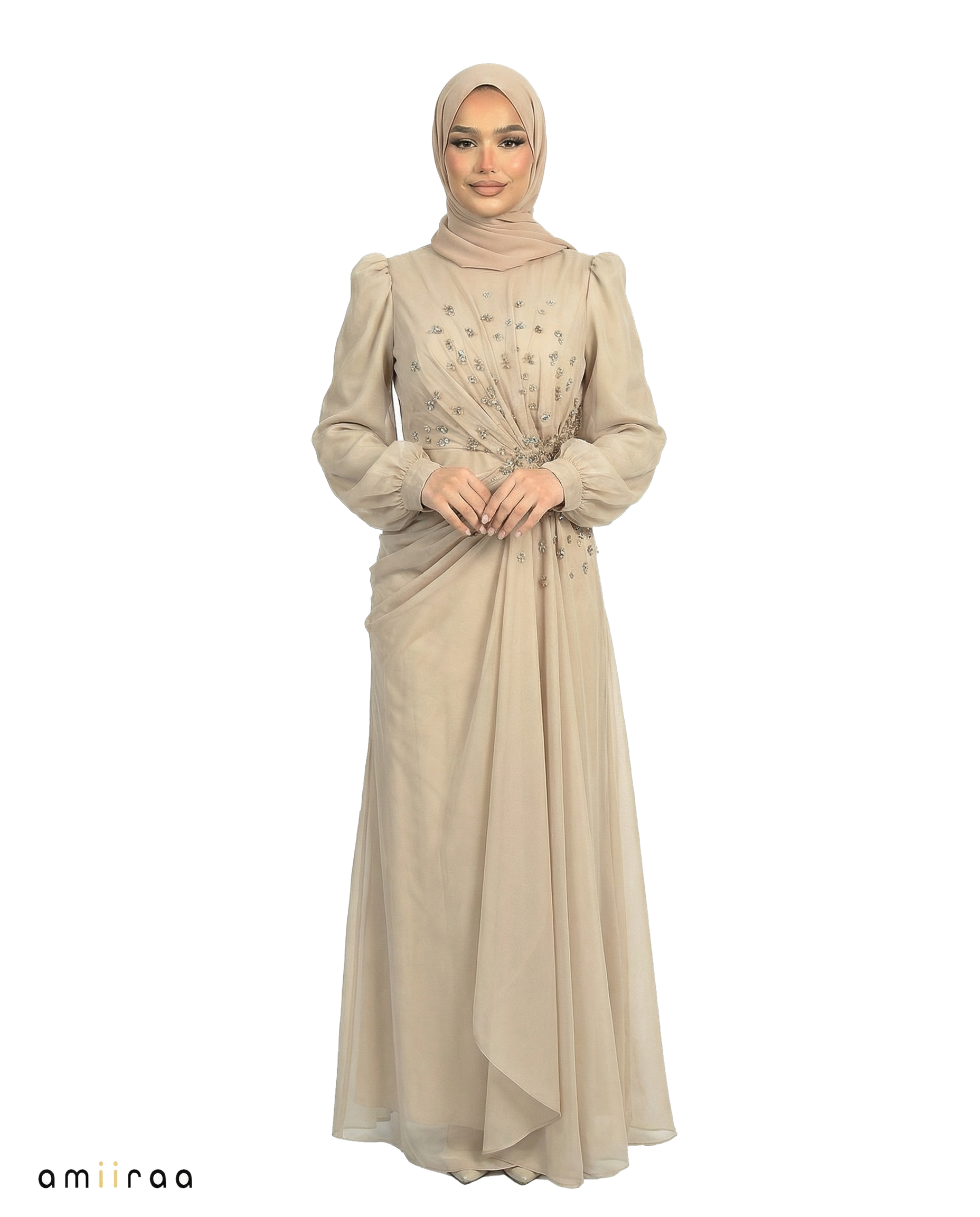 Chiffon Diamante Maxi Dress with Side Twist Detail - Sheep Skin