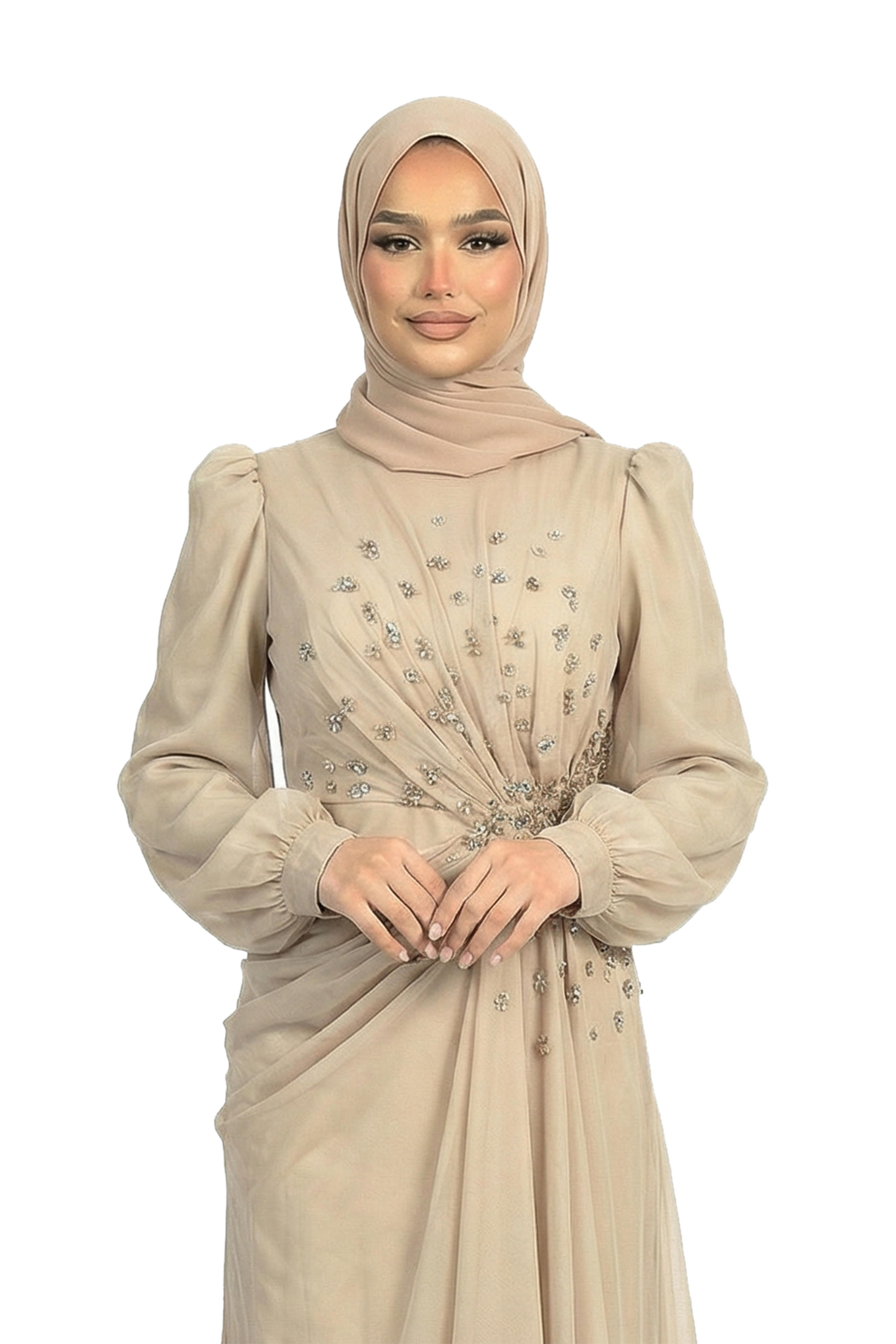 Chiffon Diamante Maxi Dress with Side Twist Detail - Sheep Skin