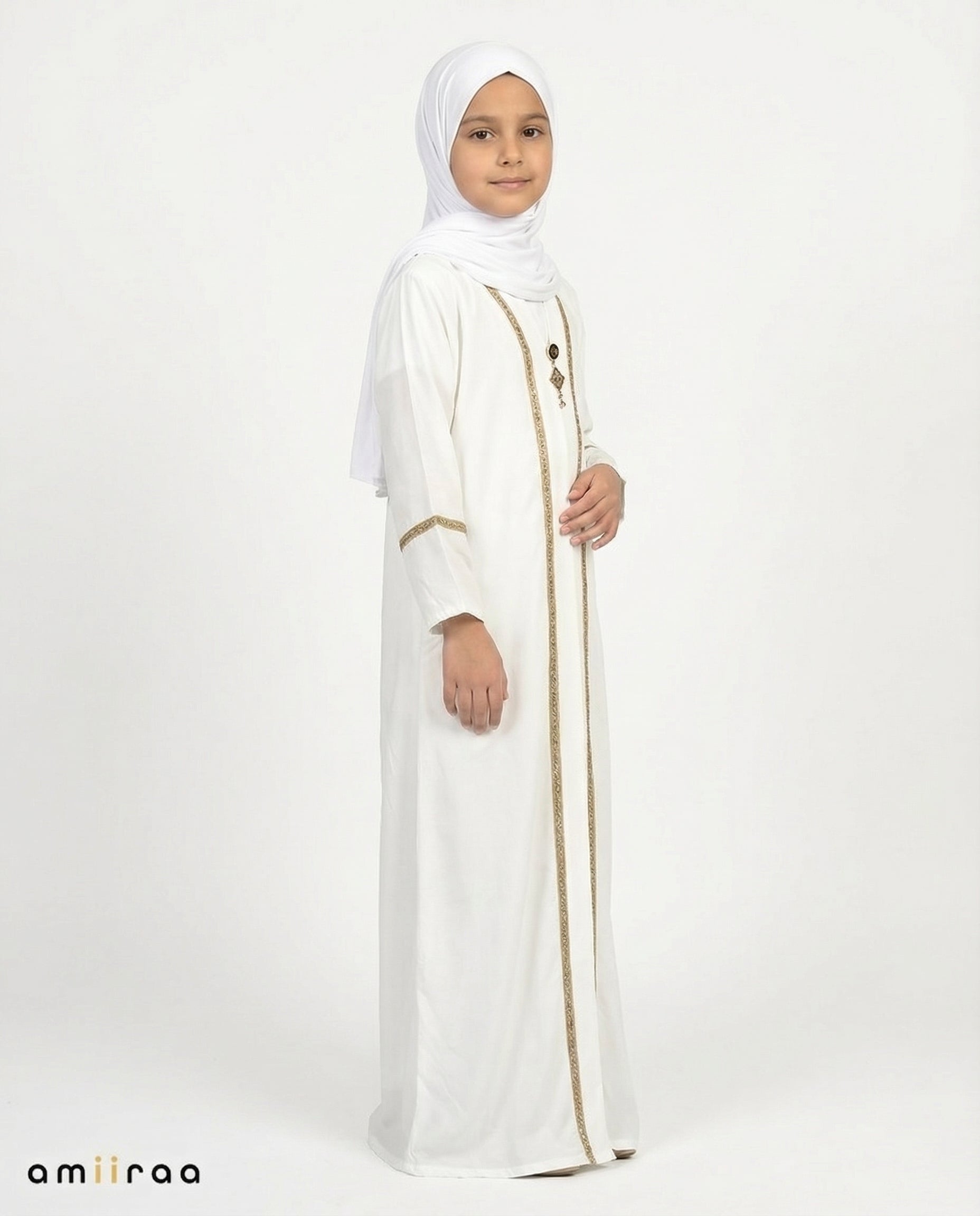 Bit of Blue Girls Elegant Open Abaya with Gold Trim Detailing