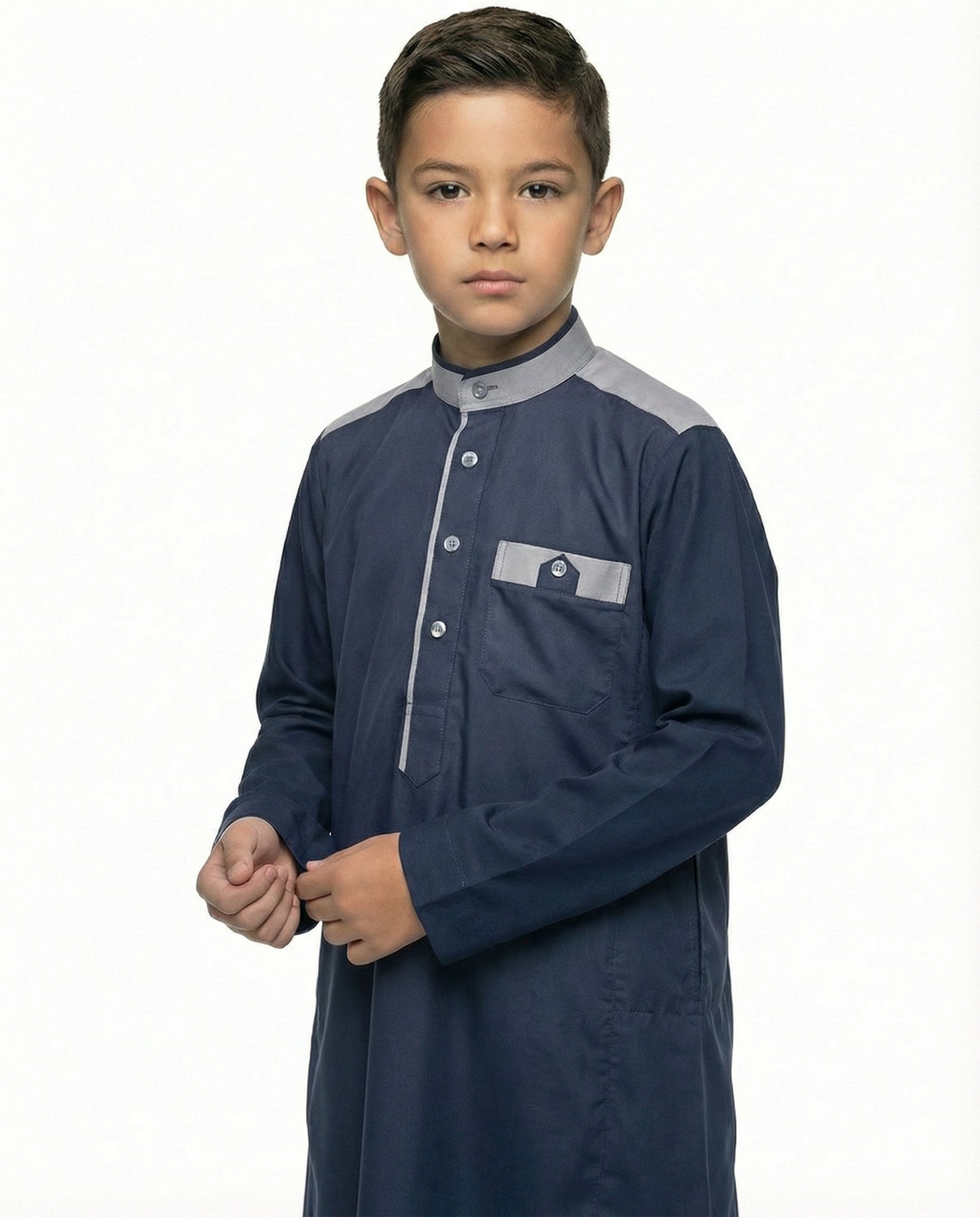 Twilight Blue Emirati Panel Collar Thobe with Chest Pocket