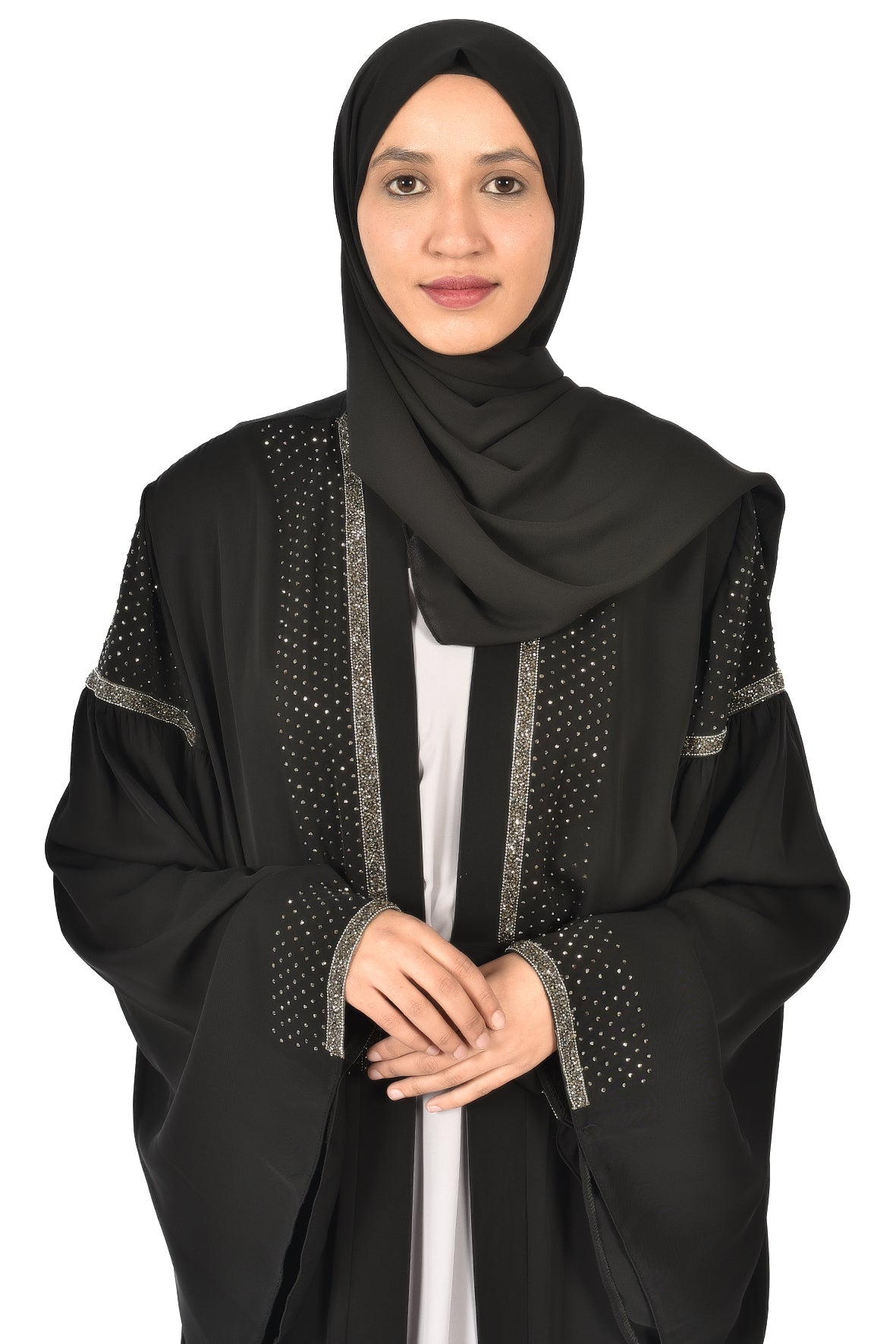 Elegant Black Abaya with Sparkling Embellishments on Sleeves and Front – Subtle Glamour for Special Occasions (katalia )