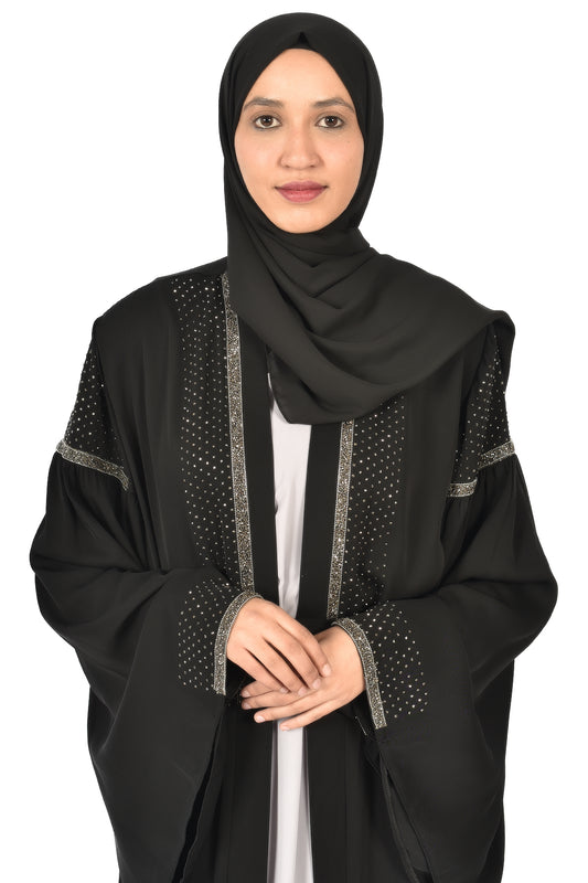 Elegant Black Abaya with Sparkling Embellishments on Sleeves and Front – Subtle Glamour for Special Occasions (katalia )