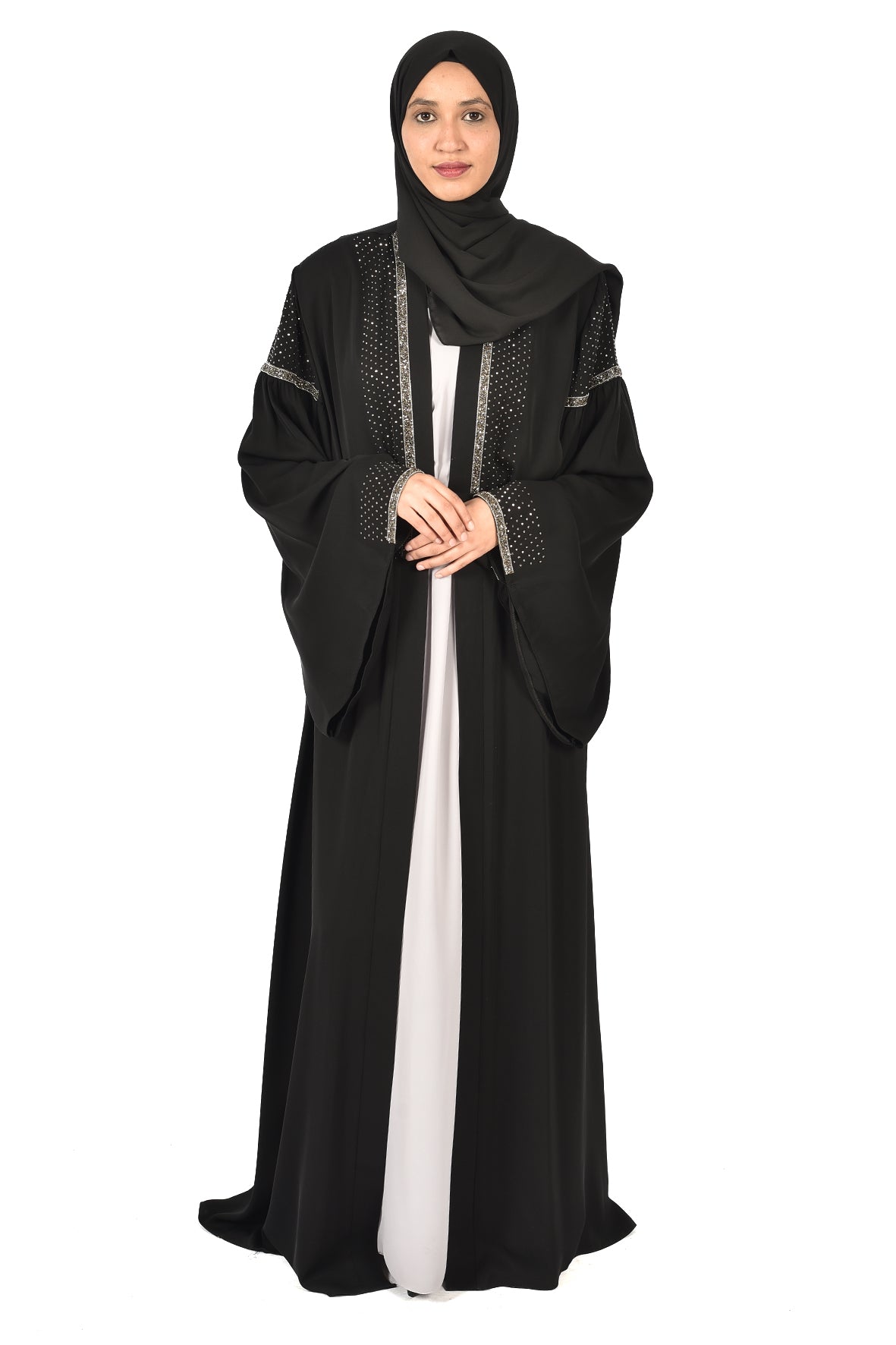 Elegant Black Abaya with Sparkling Embellishments on Sleeves and Front – Subtle Glamour for Special Occasions (katalia )
