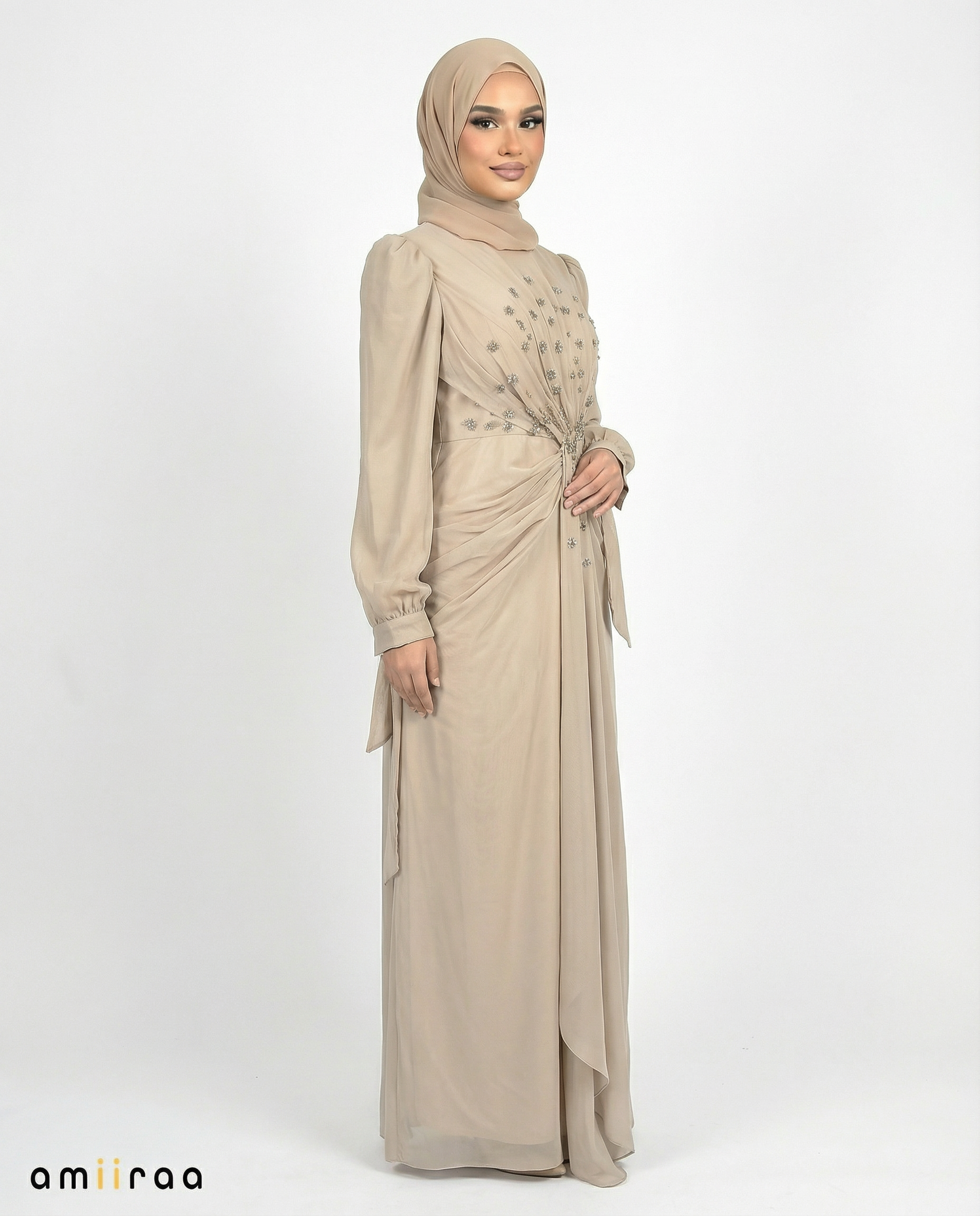 Chiffon Diamante Maxi Dress with Side Twist Detail - Sheep Skin