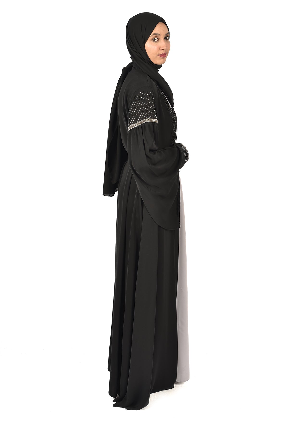 Elegant Black Abaya with Sparkling Embellishments on Sleeves and Front – Subtle Glamour for Special Occasions (katalia )
