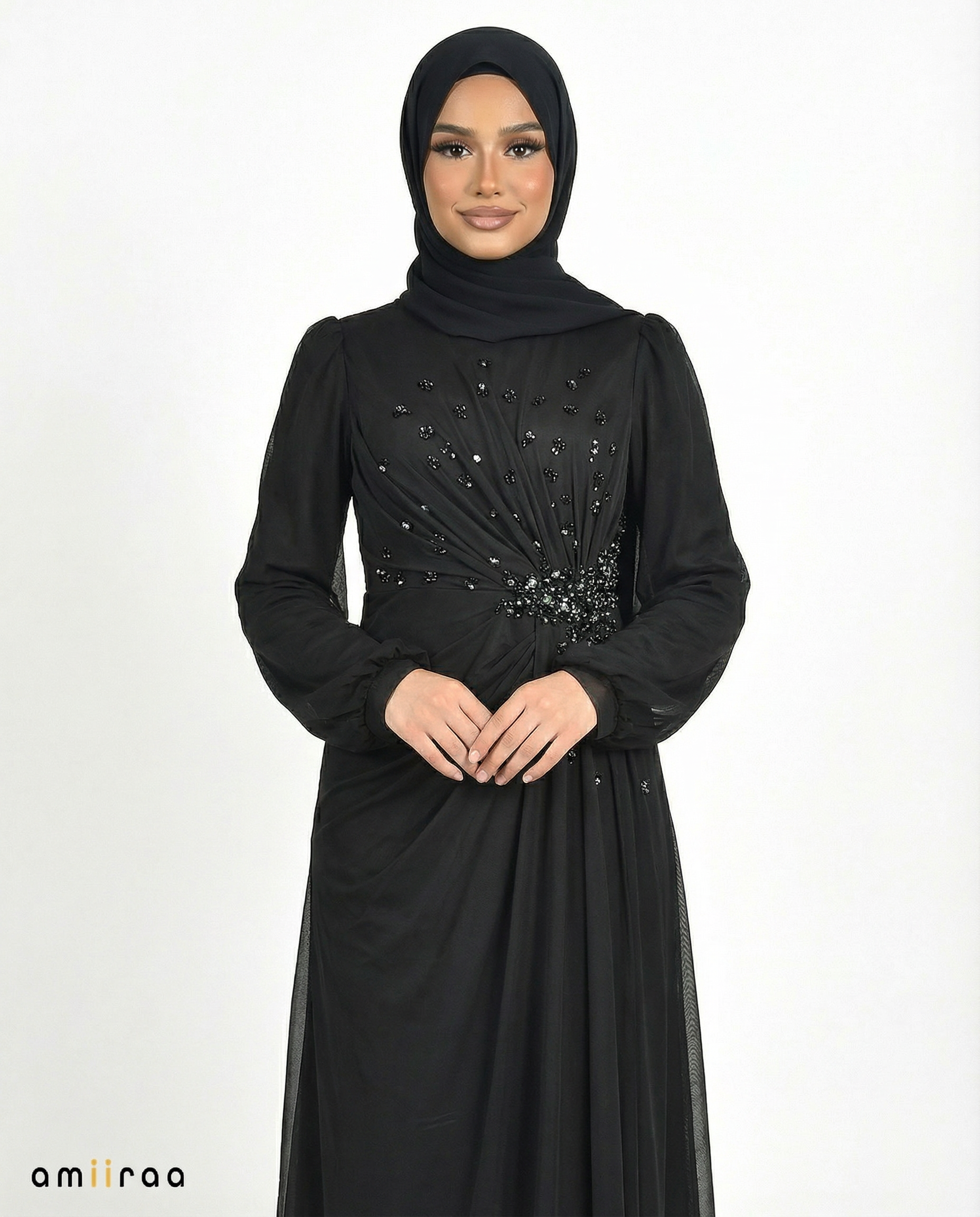 Chiffon Diamante Maxi Dress with Side Twist Detail - Meteorite