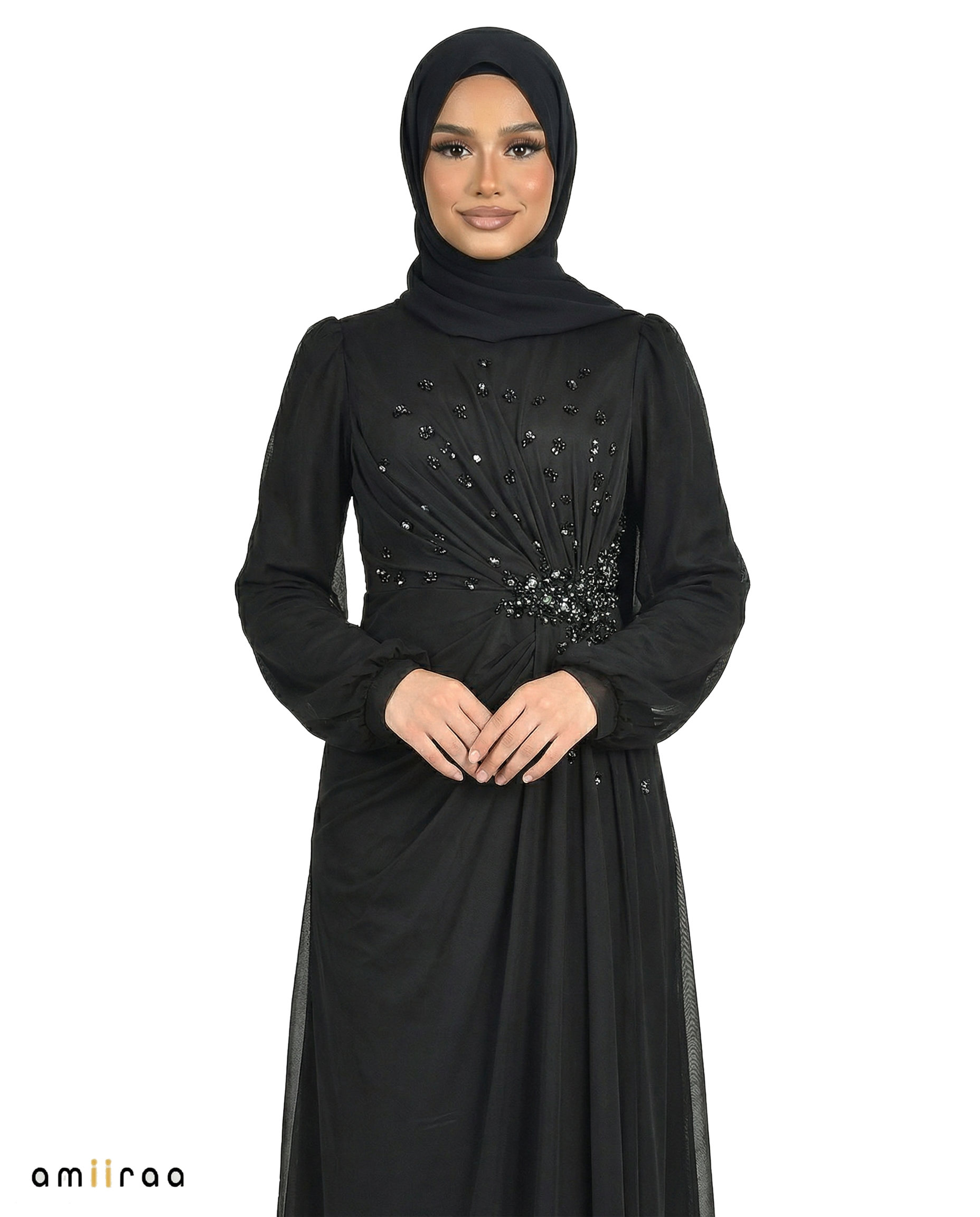 Chiffon Diamante Maxi Dress with Side Twist Detail - Meteorite