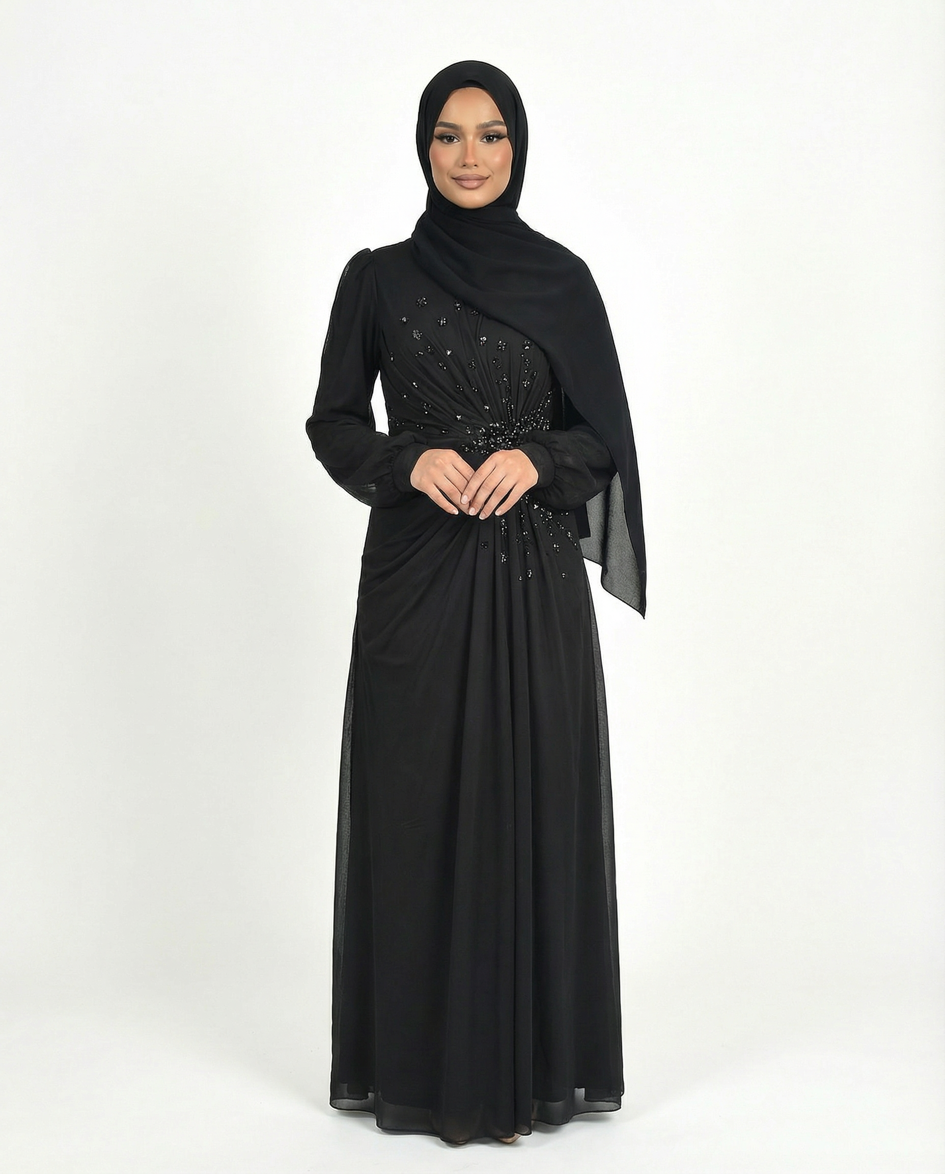 Chiffon Diamante Maxi Dress with Side Twist Detail - Meteorite
