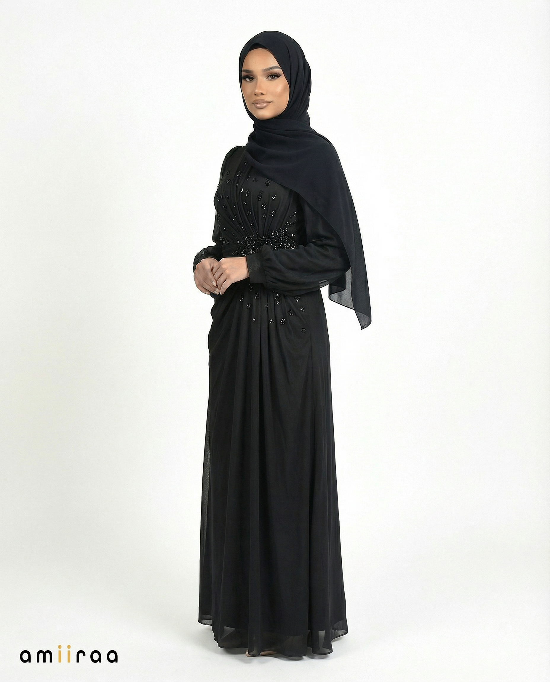Chiffon Diamante Maxi Dress with Side Twist Detail - Meteorite