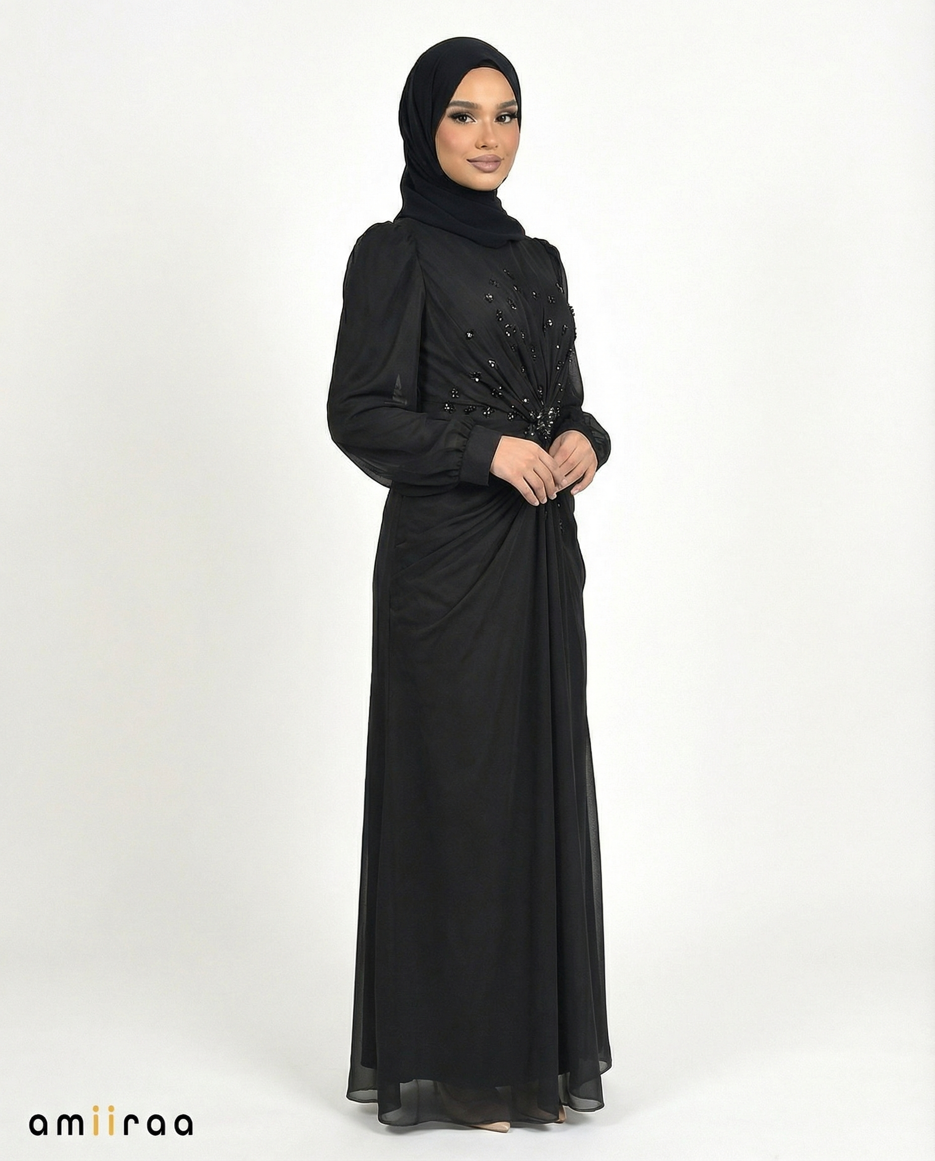 Chiffon Diamante Maxi Dress with Side Twist Detail - Meteorite