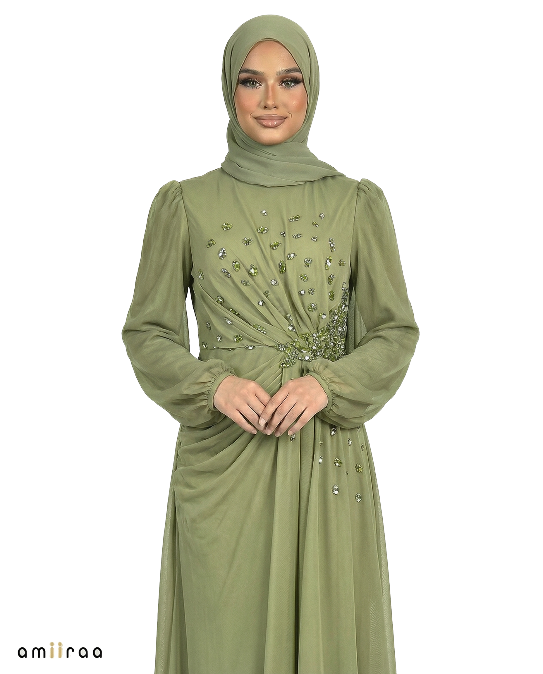 Chiffon Diamante Maxi Dress with Side Twist Detail - Leaf Green