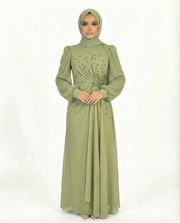 Chiffon Diamante Maxi Dress with Side Twist Detail - Leaf Green