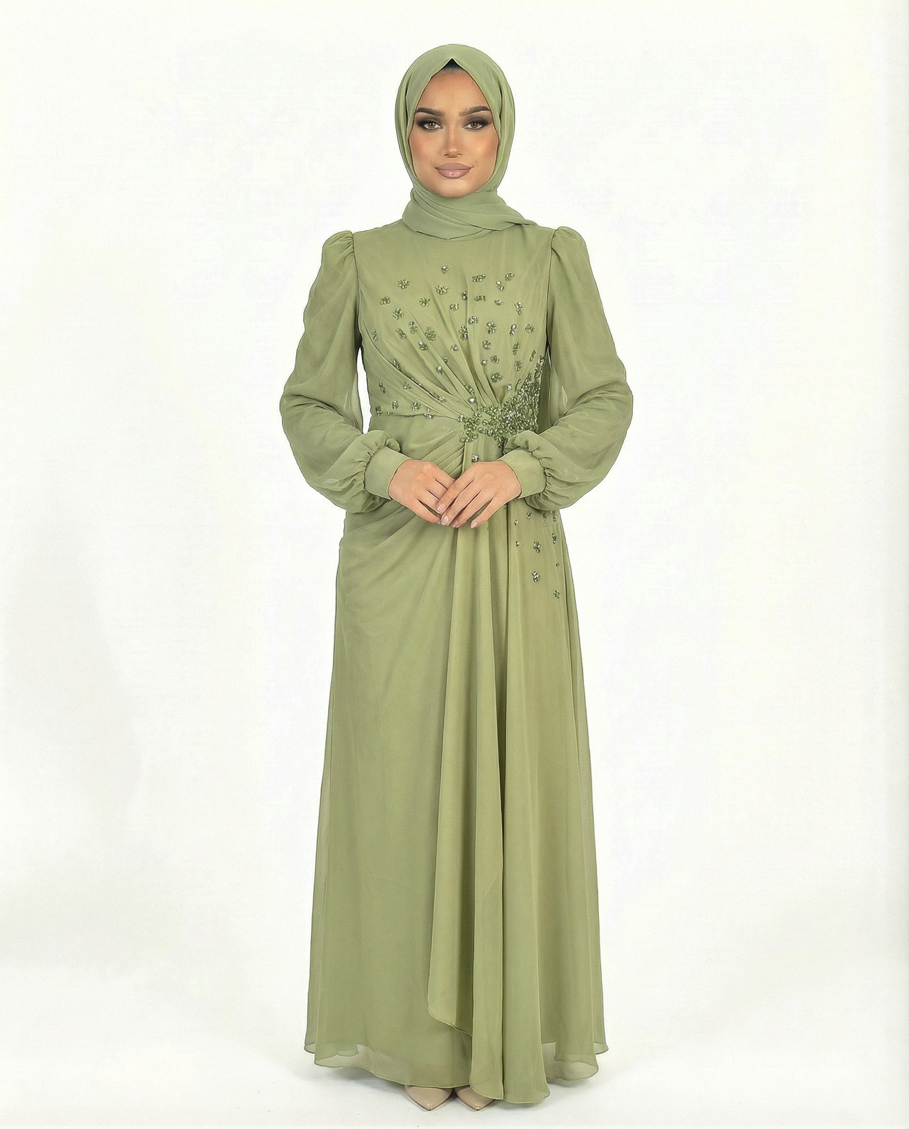Chiffon Diamante Maxi Dress with Side Twist Detail - Leaf Green