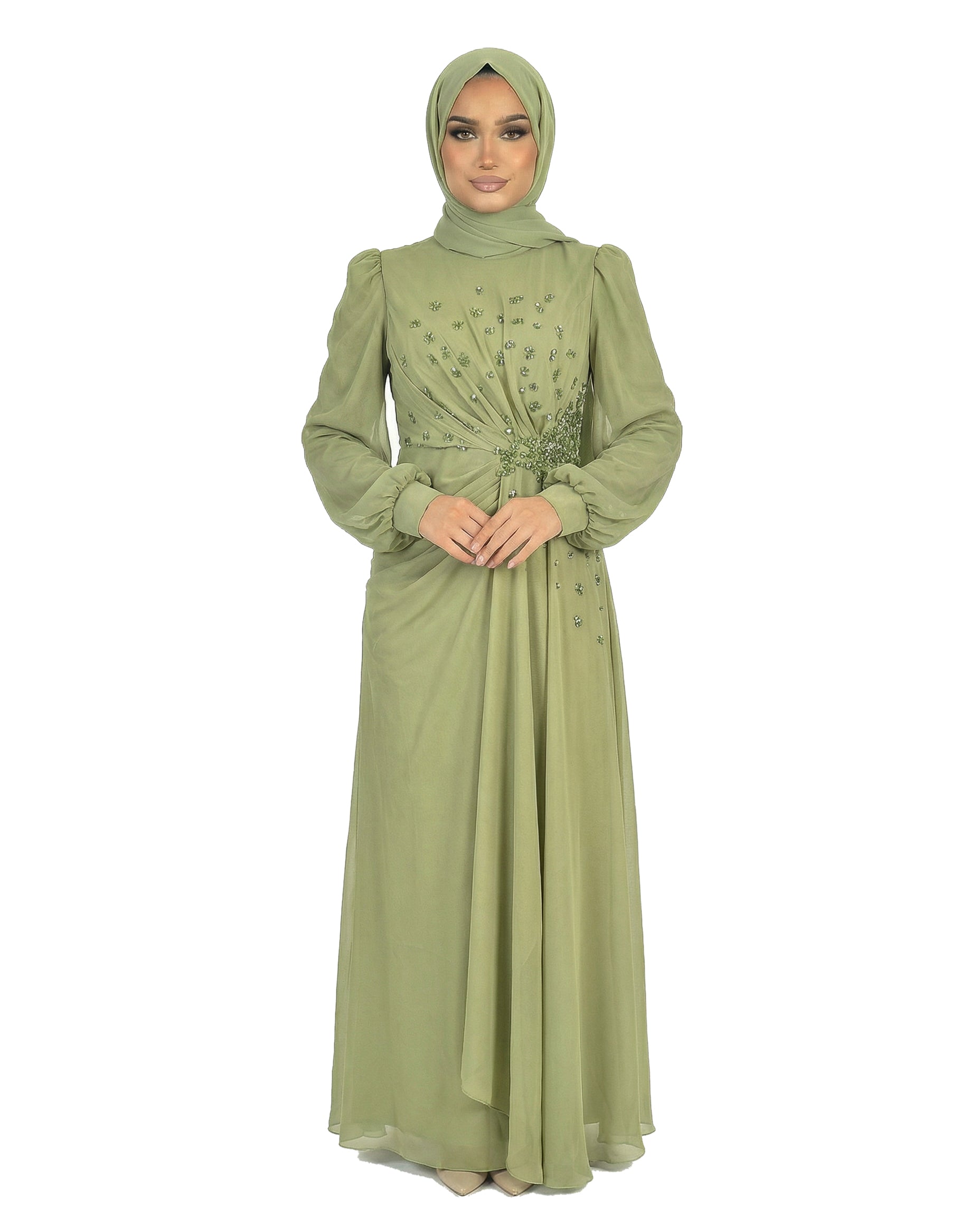 Chiffon Diamante Maxi Dress with Side Twist Detail - Leaf Green