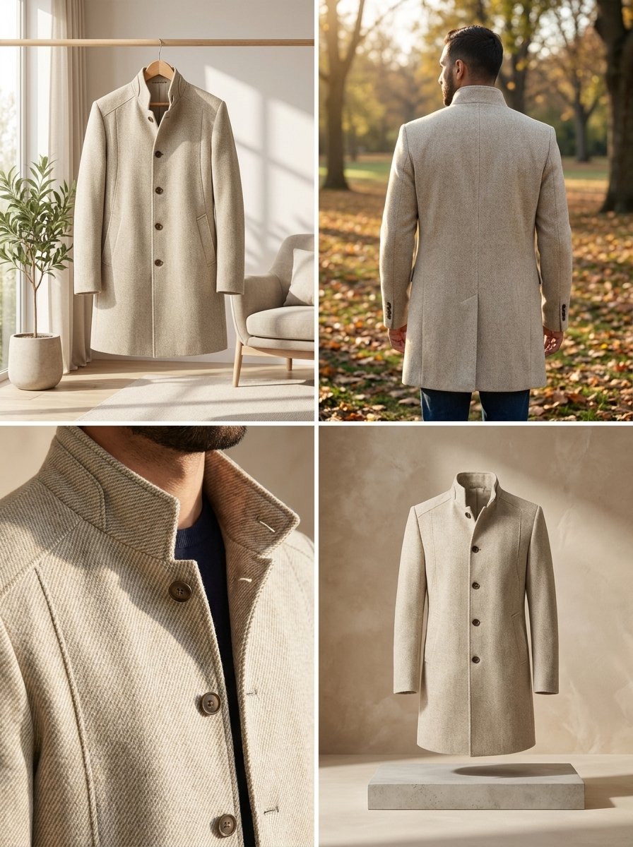 Simply Taupe Men’s Premium Turkish High Collar Overcoat