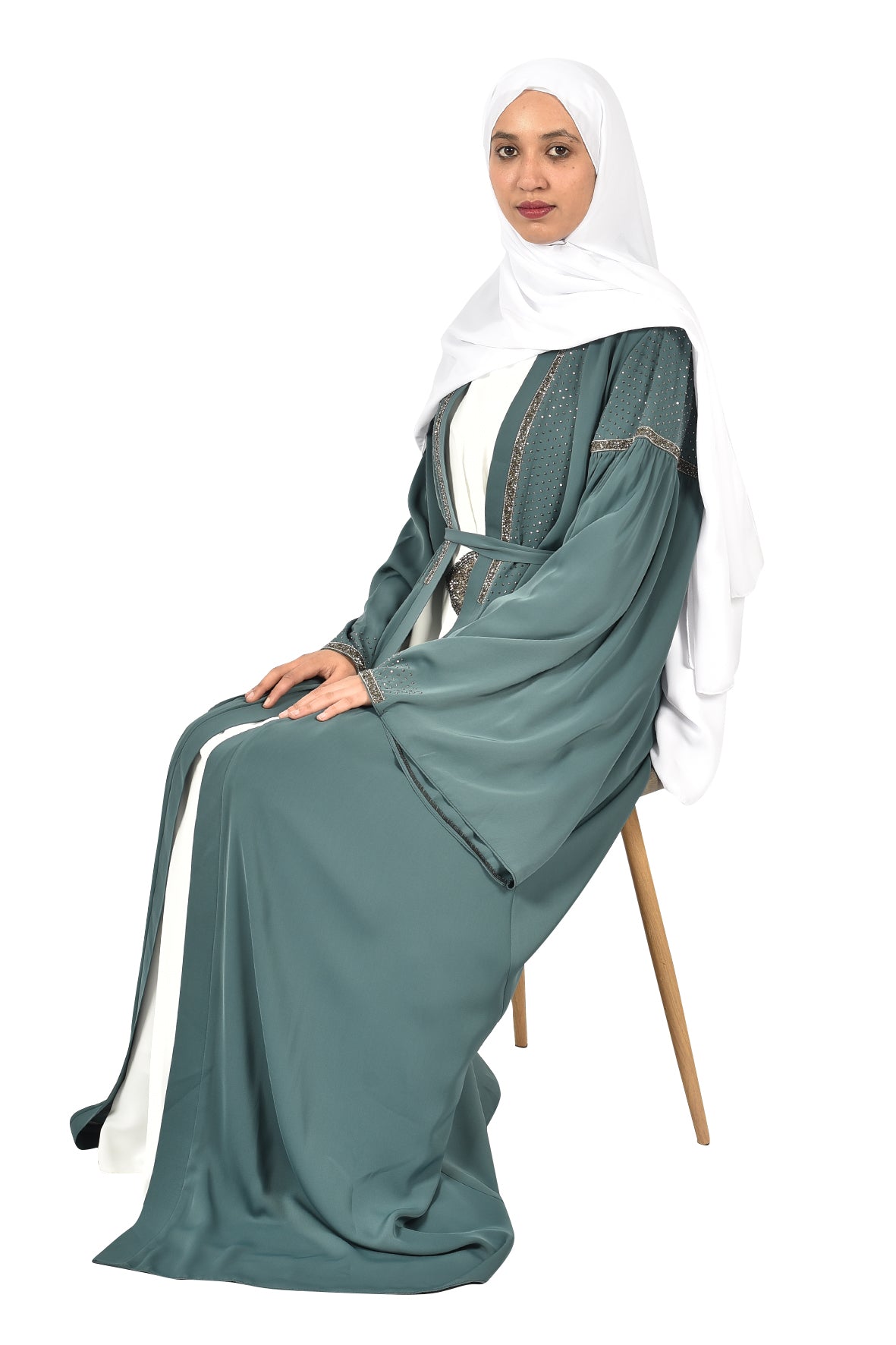 Elegant Green Open Abaya with Gold Embroidery and Waist Belt (katalia )