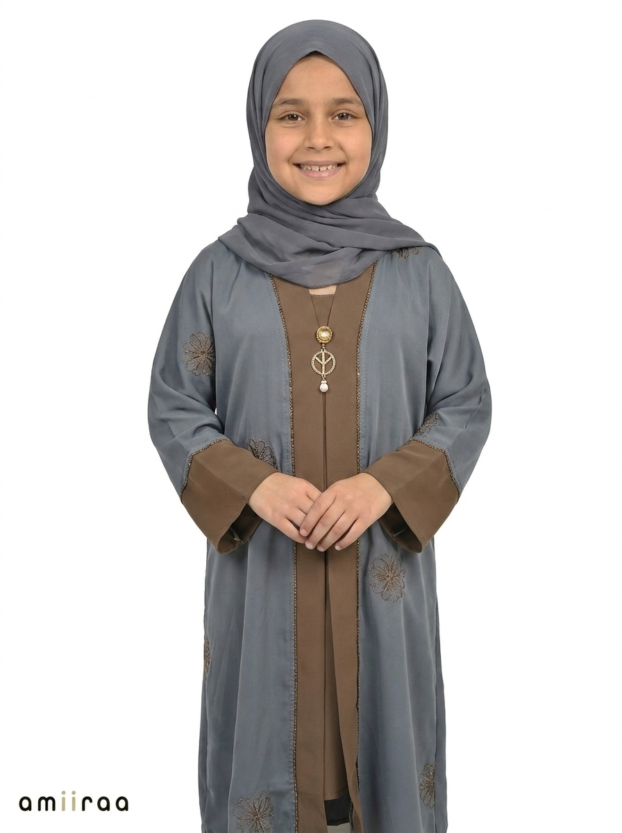 Blue Mirage Girls Saudi Abaya with Floral Embroidered Detailing