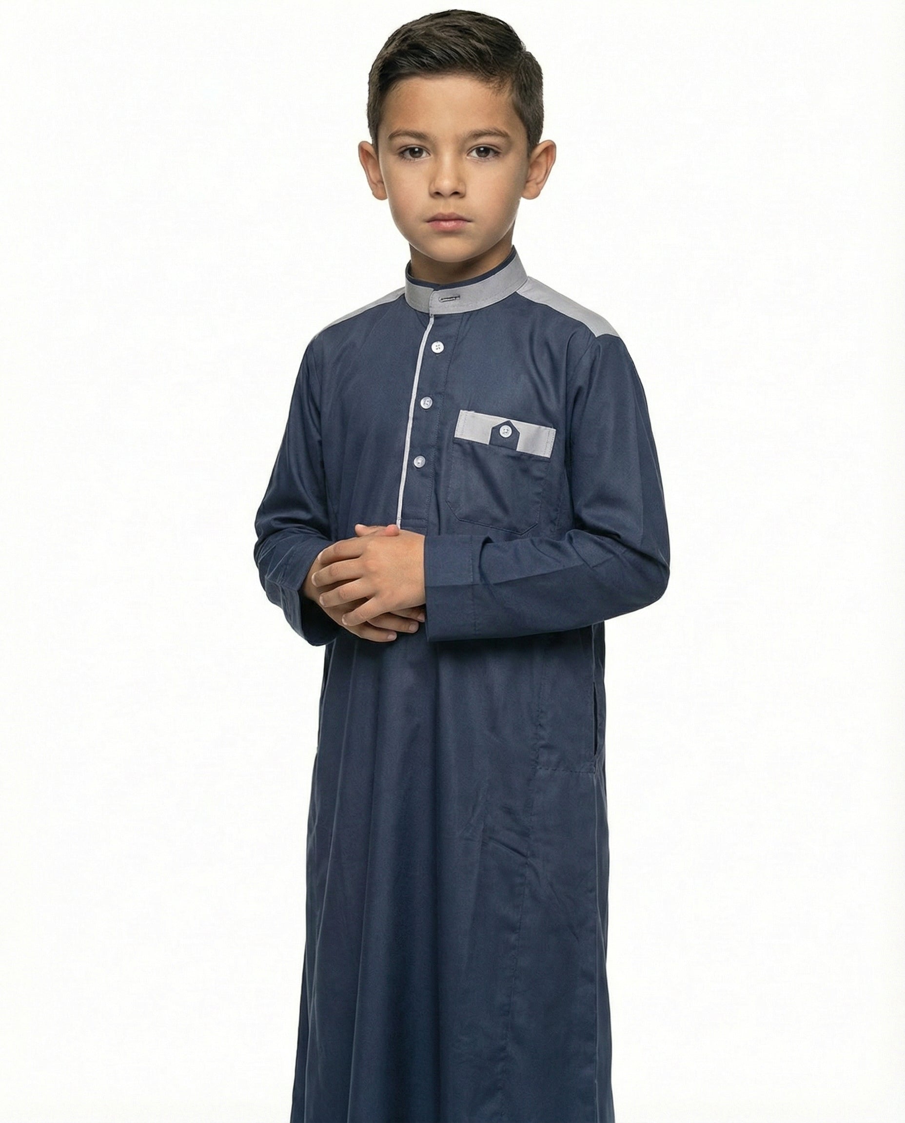 Twilight Blue Emirati Panel Collar Thobe with Chest Pocket