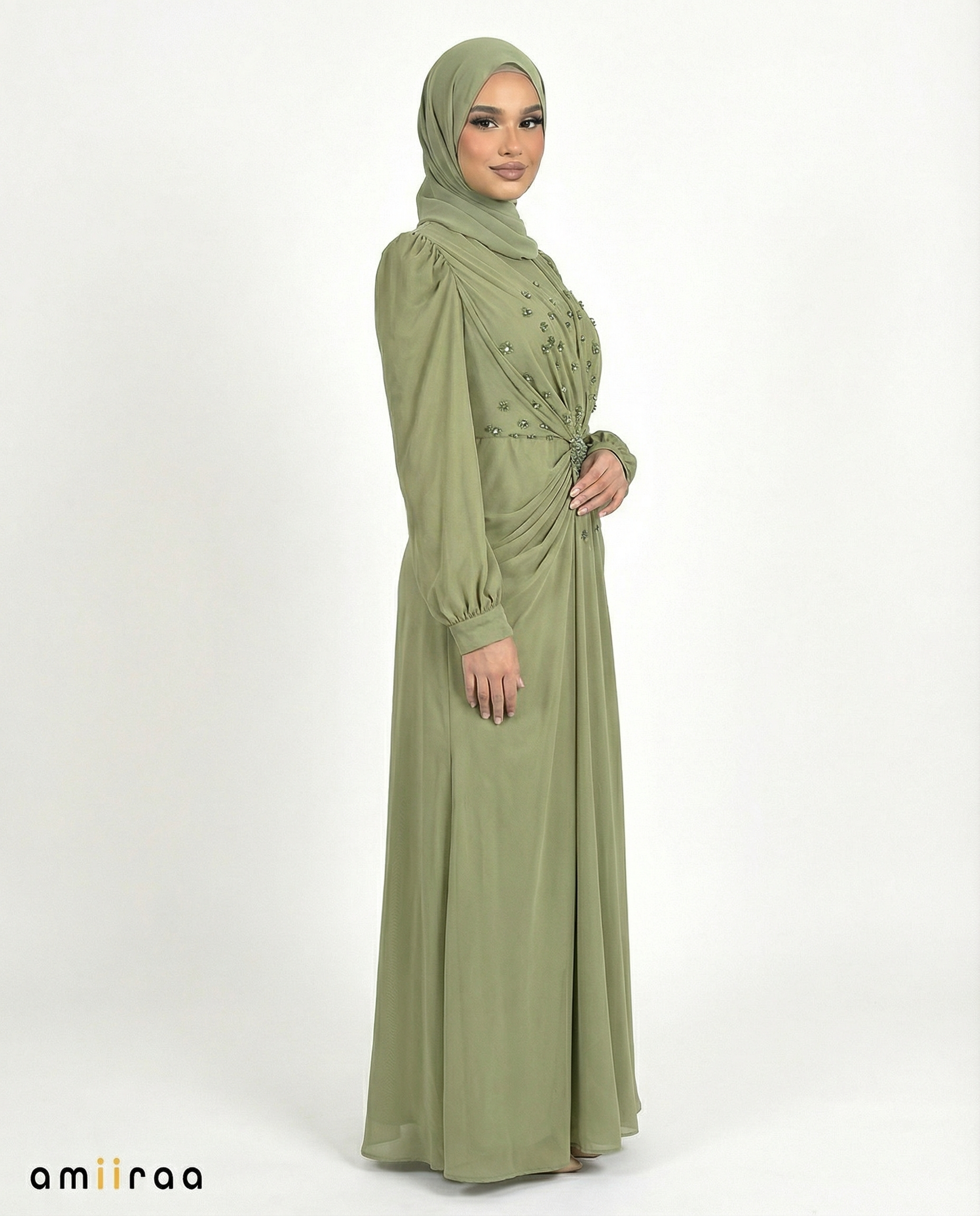 Chiffon Diamante Maxi Dress with Side Twist Detail - Leaf Green