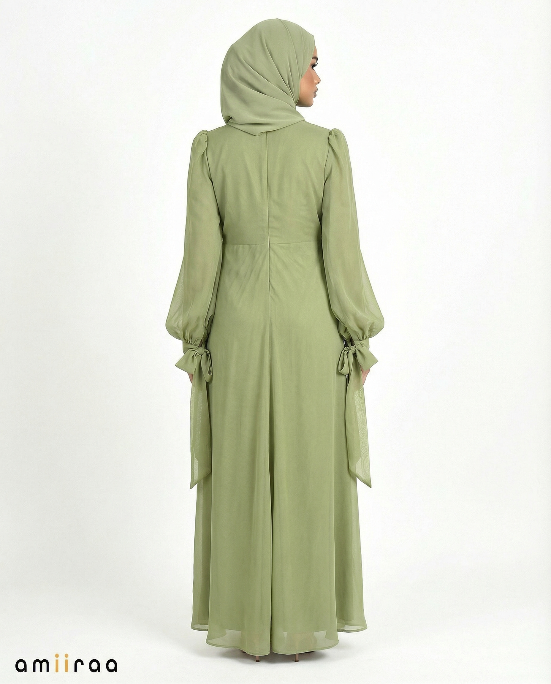 Chiffon Diamante Maxi Dress with Side Twist Detail - Leaf Green