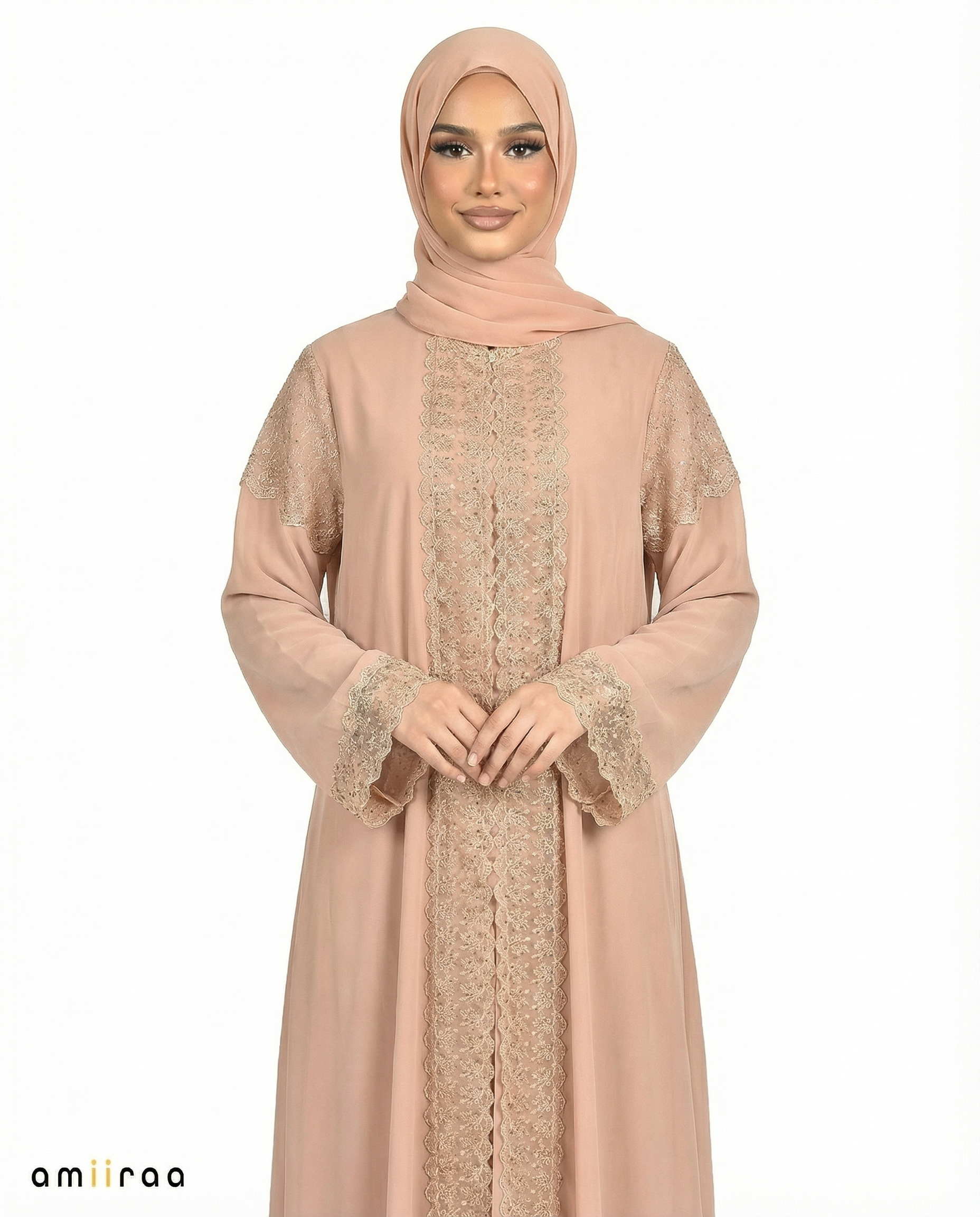 3 Piece Chiffon Abaya Set with Lace and Stone Detail - Wrought Iron